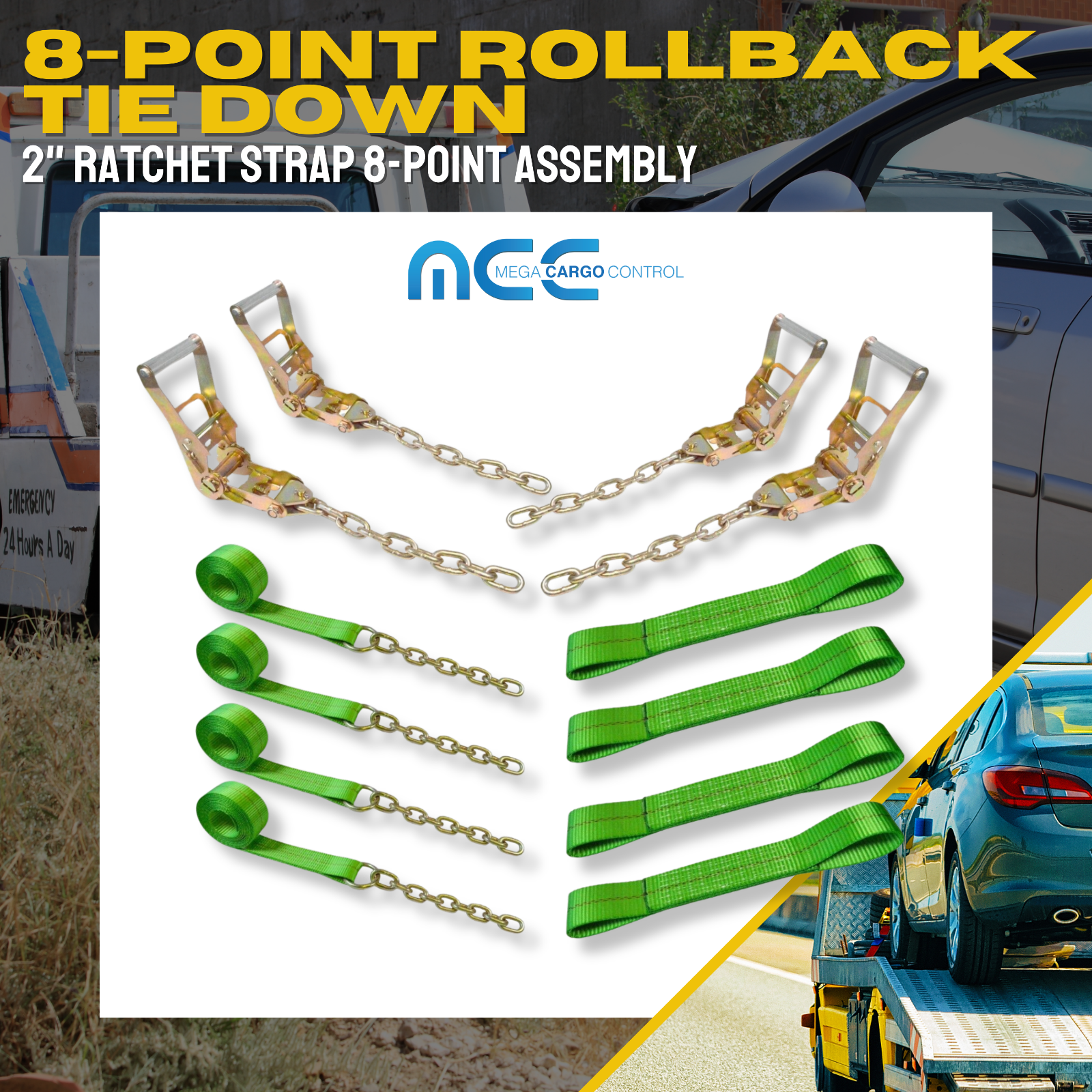 8 Point Roll Back Tie Down System w/ Chain Ends for Car Hauler Carrier Tow Truck