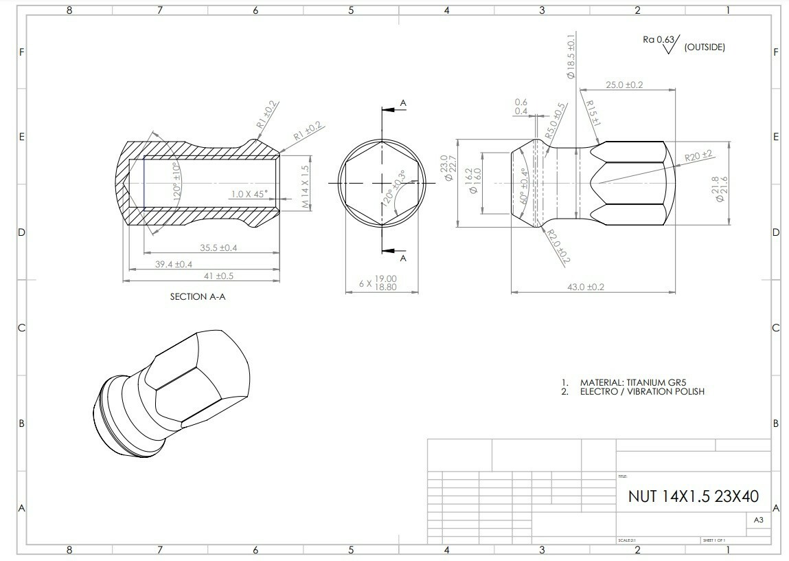 Titanium Closed End Lug Wheel Nut 14x1.5 HEX19 60deg