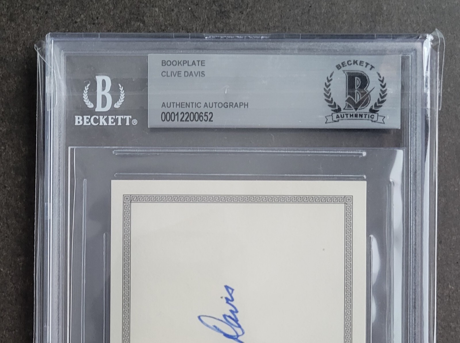 CLIVE DAVIS SIGNED BOOKPLATE BECKETT BAS COA SLABBED PRDUCER AUTOGRAPHED RARE