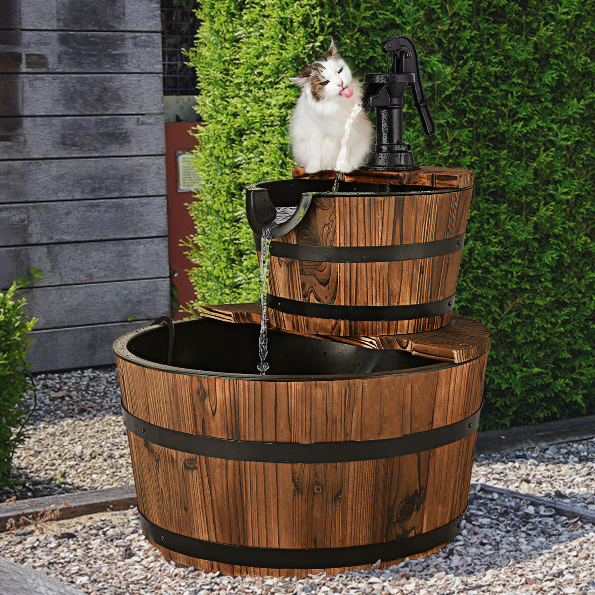 2 Tier Barrel Waterfall Fountain Barrel Wooden Water Fountain Pump Garden Patio