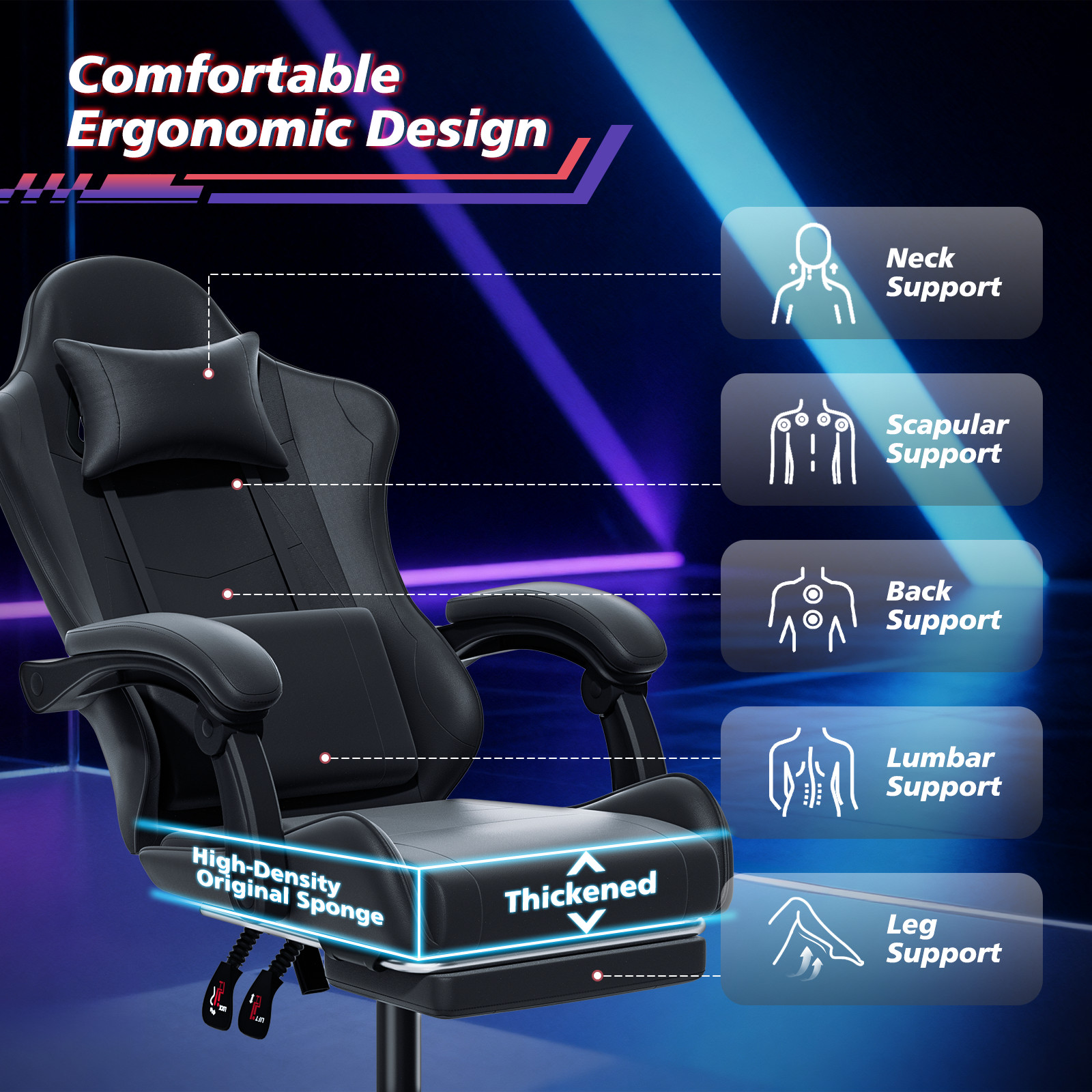 Ergonomic Coumputer Gaming Chair Office Swivel Recliner Seat w/ Footrest Black