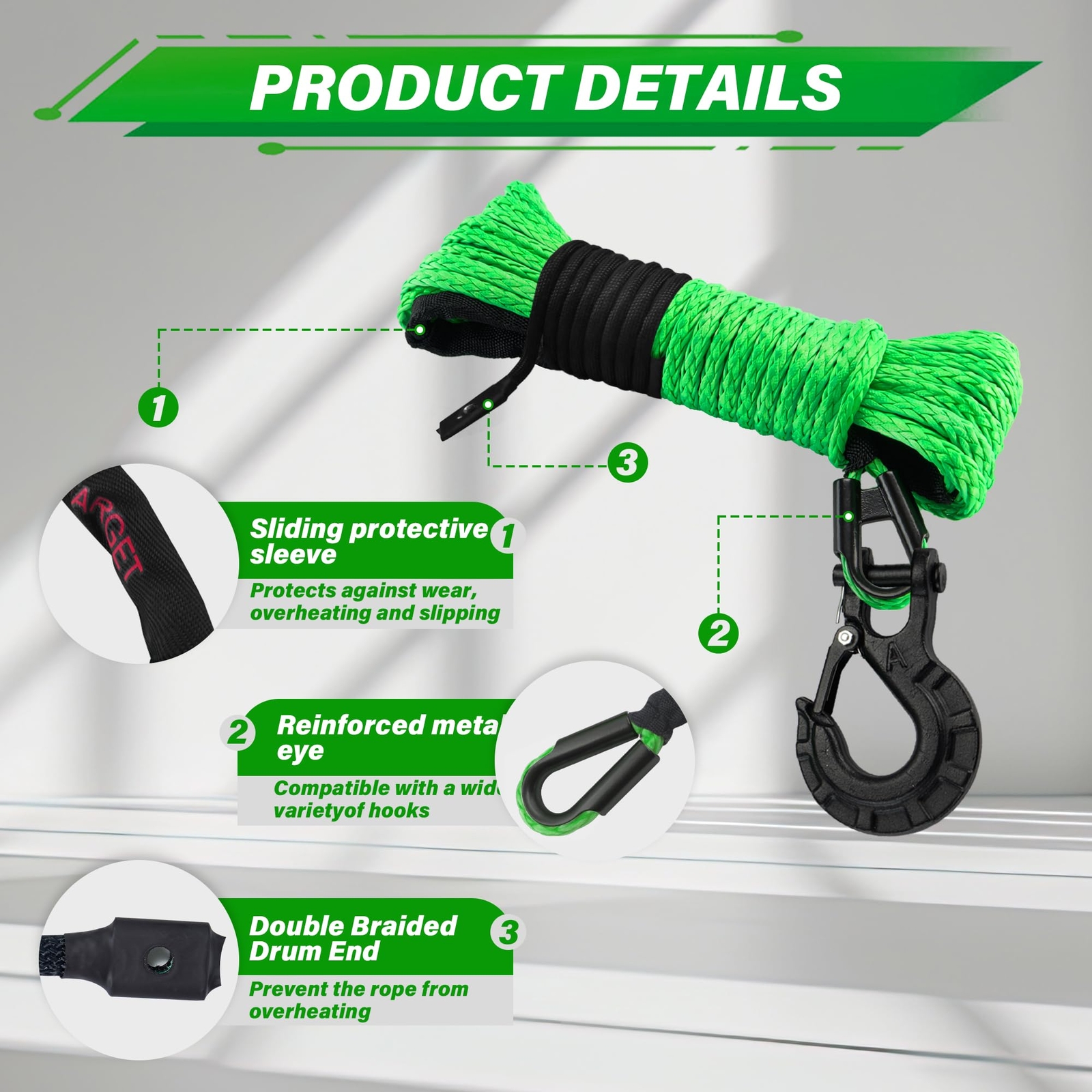 Synthetic Winch Rope Kit, 1/4'' x 50FT w/ 10000 lbs Strength, Protective Sleeve