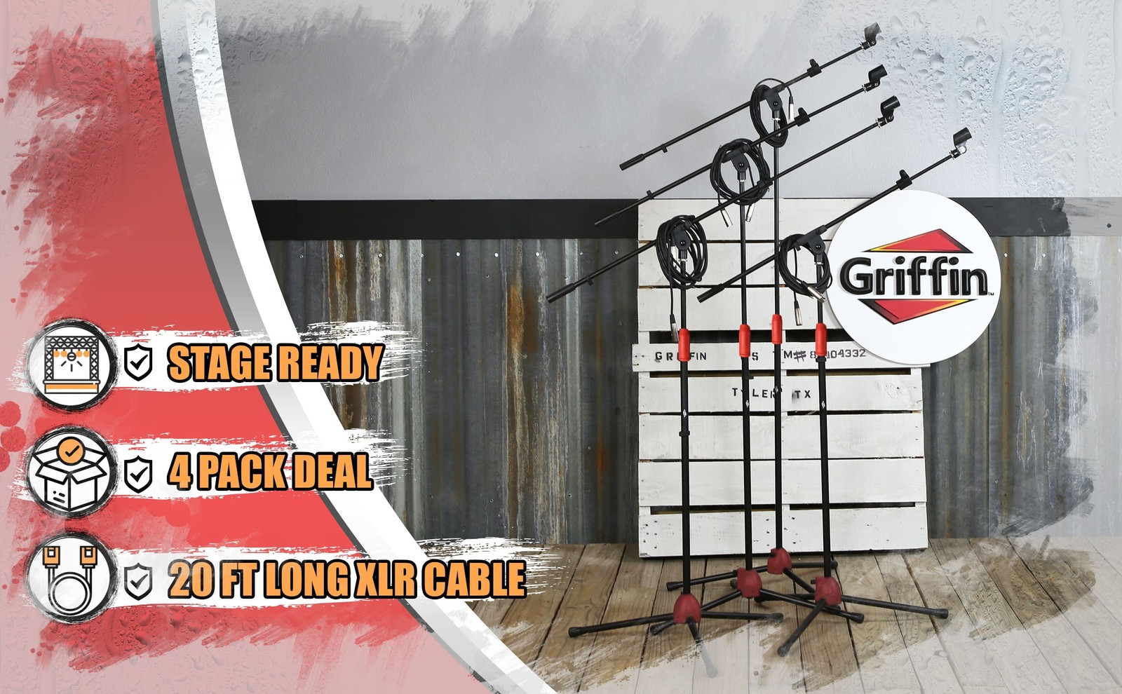 GRIFFIN Microphone Boom Stand 4PACK Holder Mount XLR Cable Mic Clip Stage Studio