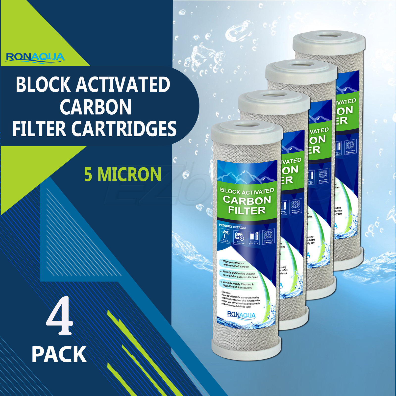4PK- 9.875" x 2.5" Coconut Shell Carbon Block Water Filter for Whole house & RO