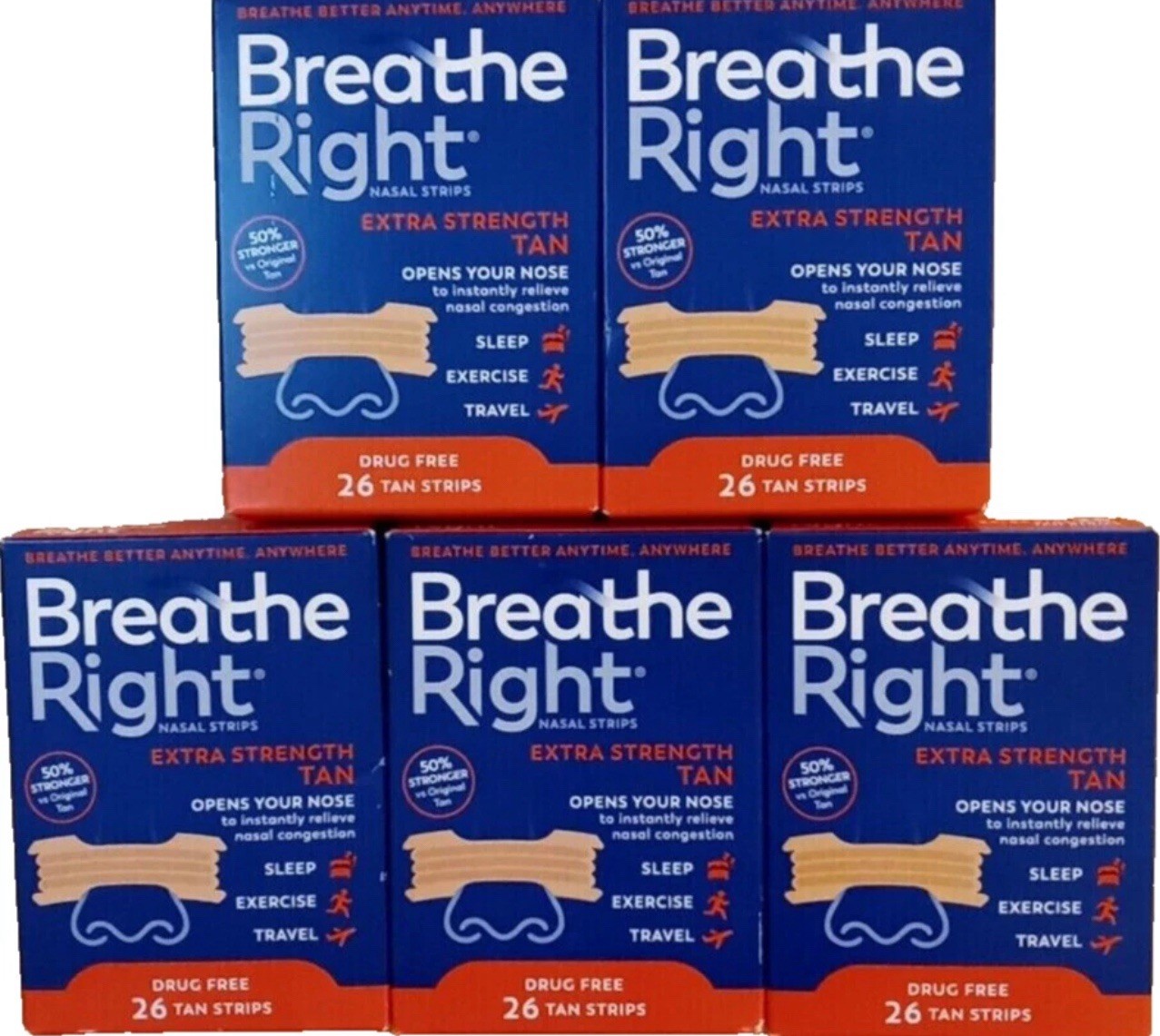 BREATHE RIGHT NASAL STRIPS, EXTRA STRENGTH TAN ( 5 x 26 CT BOXES ) EXP 2029