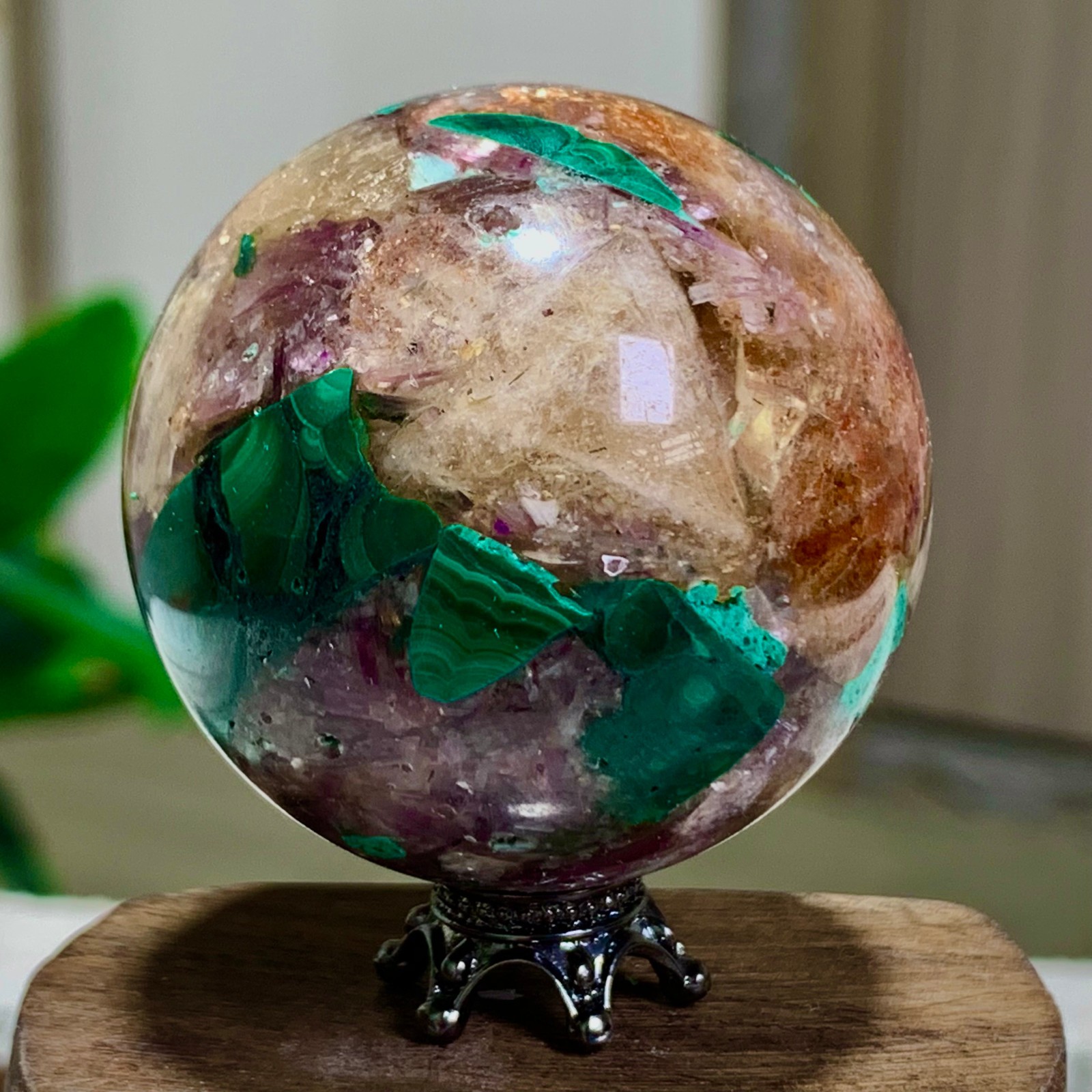 102G Newly discovered rare malachite purple mica symbiotic sphere restoration
