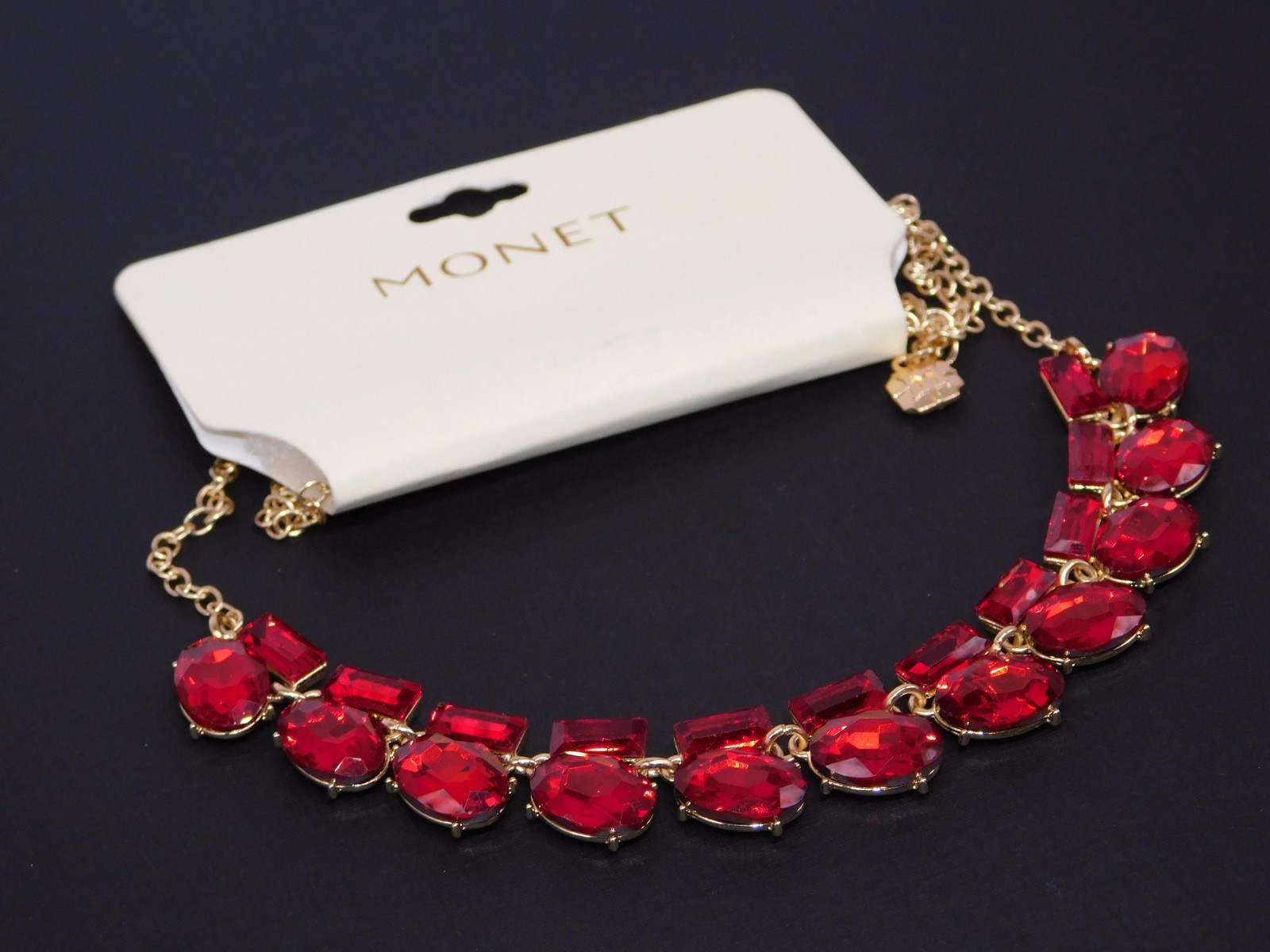 MONET Red Faceted Glass Rhinestone Statement Necklace New with Tag