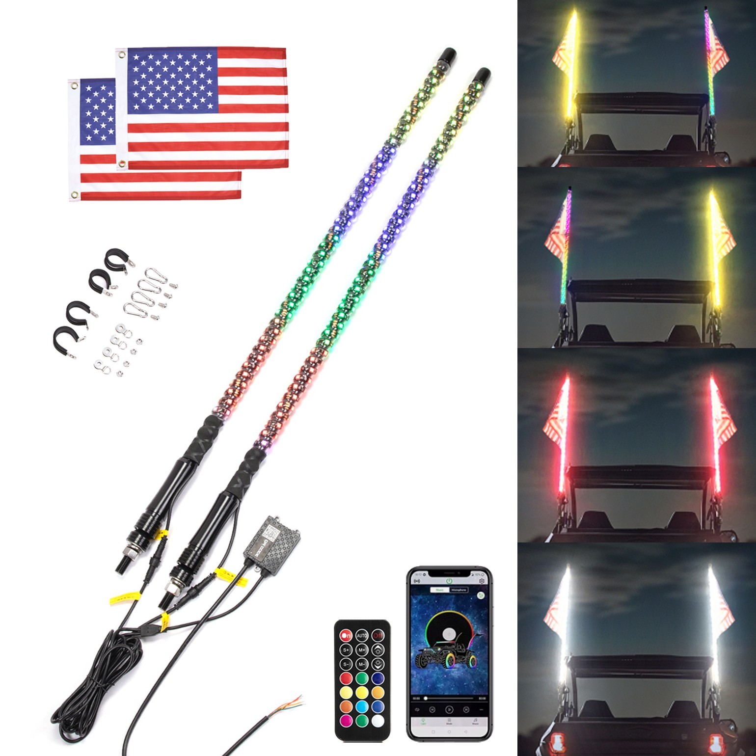 Pair 3FT Spiral LED Whip Lights RGB Remote+App Control Antenna Chase for RZR X3