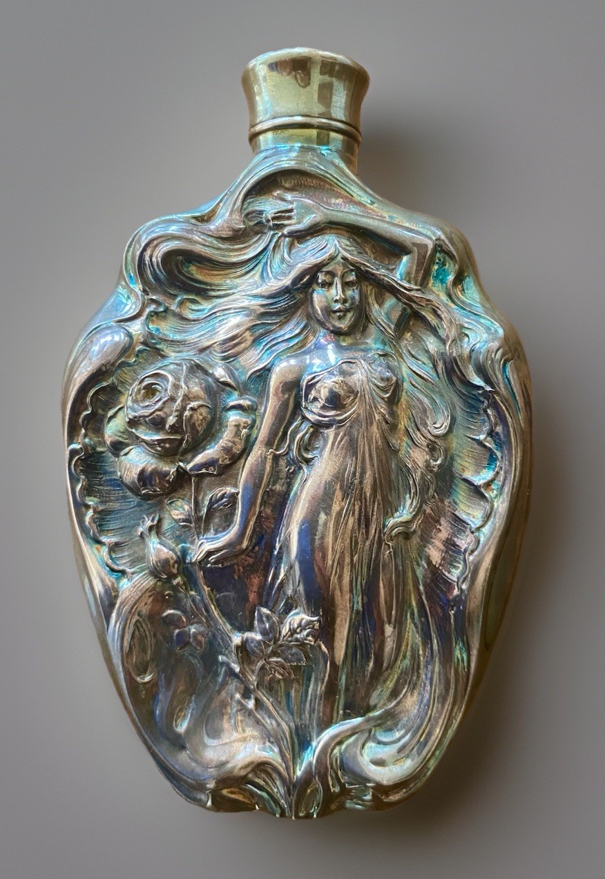 Art Nouveau Spirit Flask Victor Silver Co Nymph Relief Iridescent Barware Superb