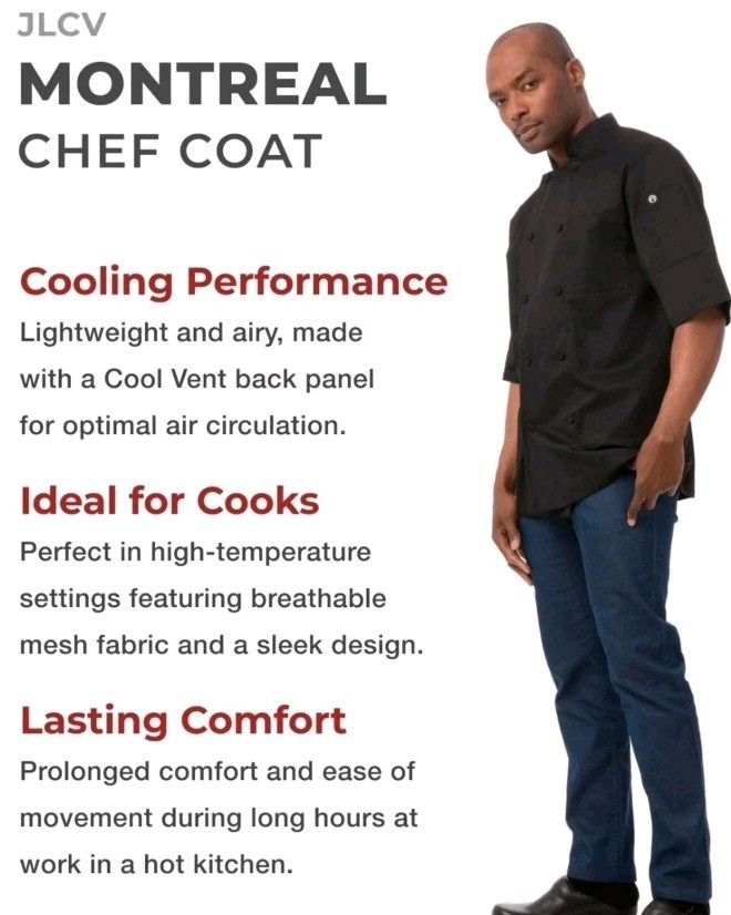 Mens Medium Montreal Cool Vent Chef Coat Shirt Black Double Breast Performance