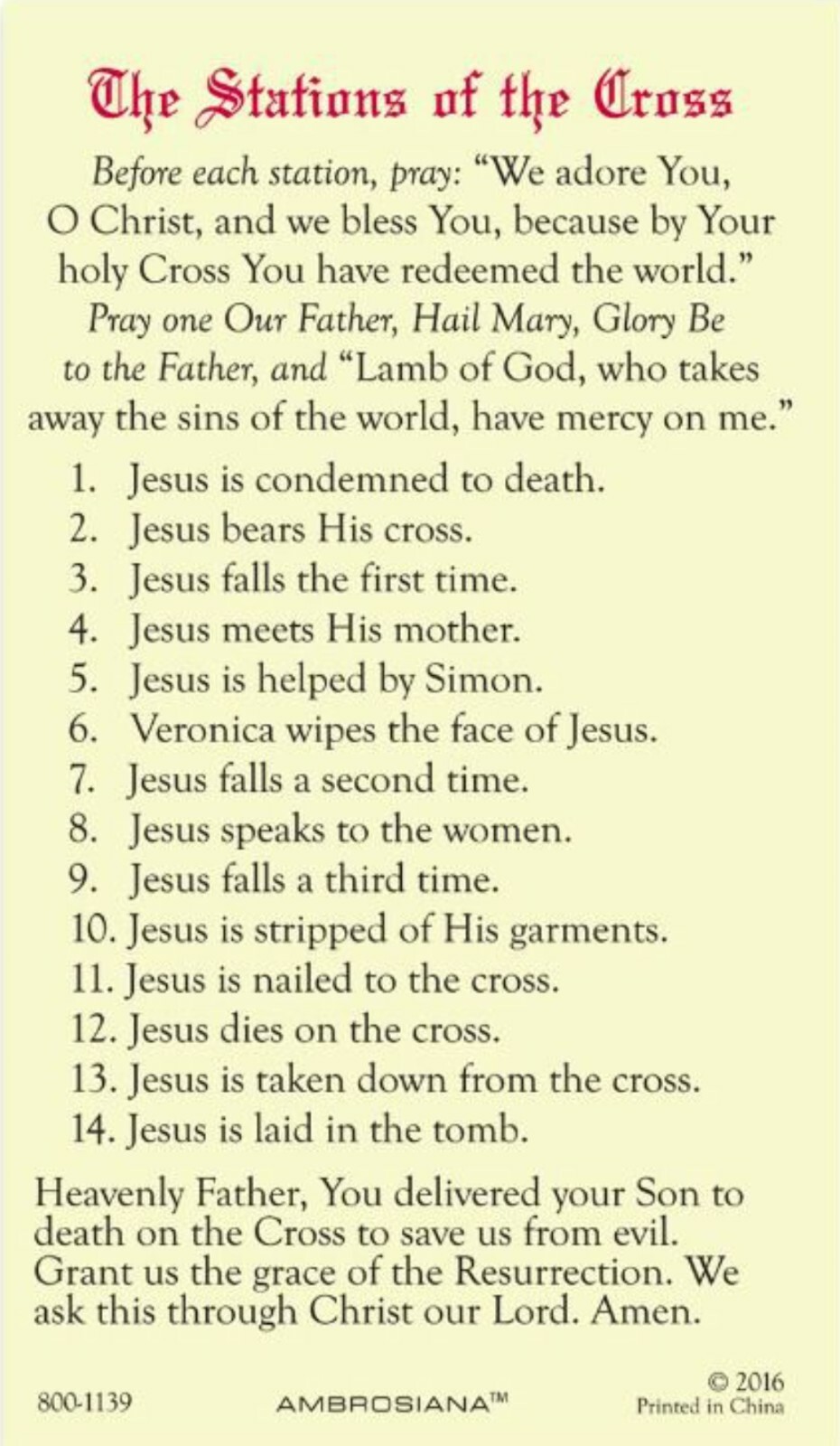 Laminated Stations of the Cross Prayer Holy Card for Lent Catholic Christian