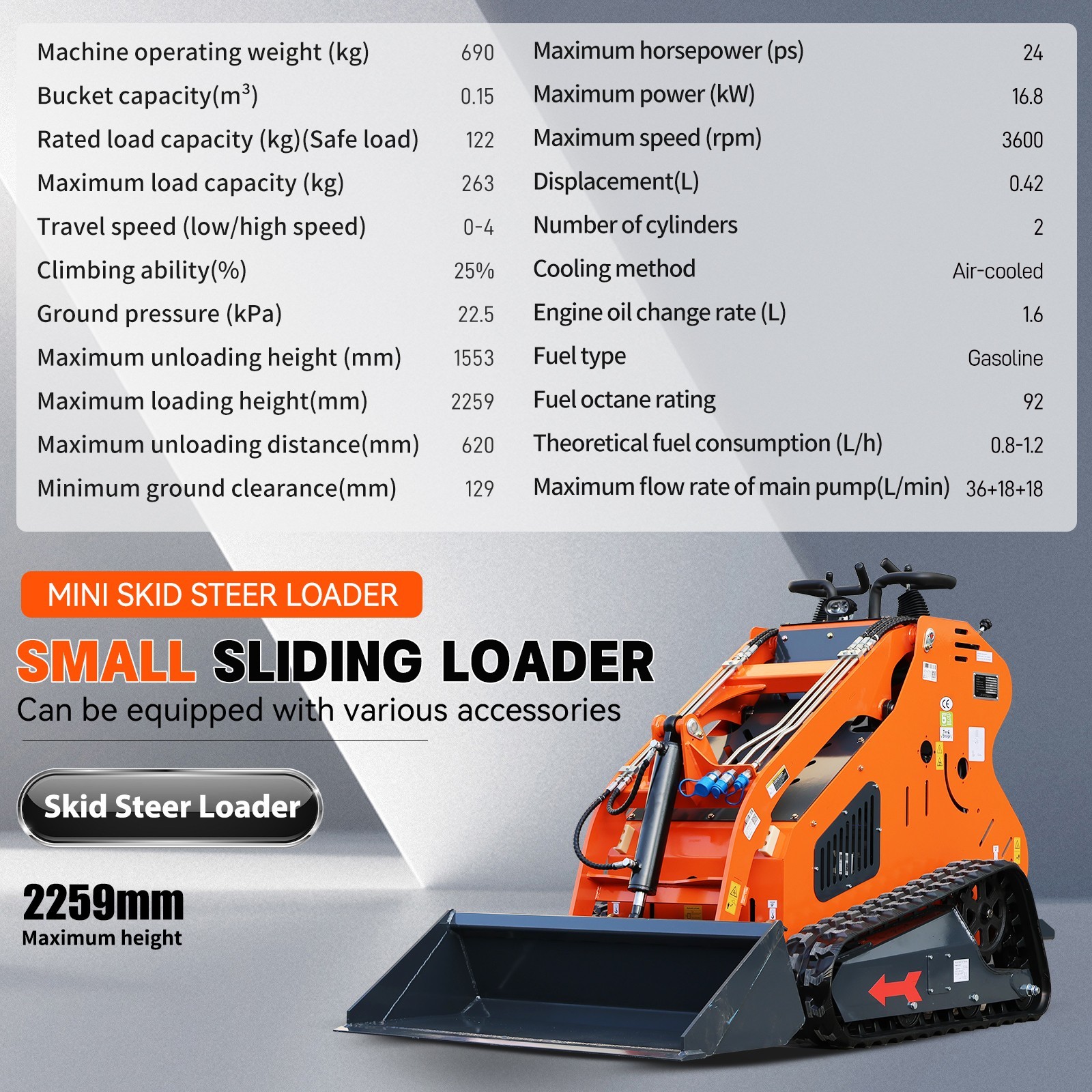 24HP Mini Skid Steer Loader 2-Cylinder Engine with Pallet Fork