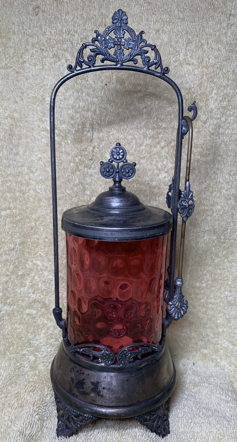 Antique Victorian Style Pickle Castor W/ Tongs Coin Dot Glass Cranberry Red