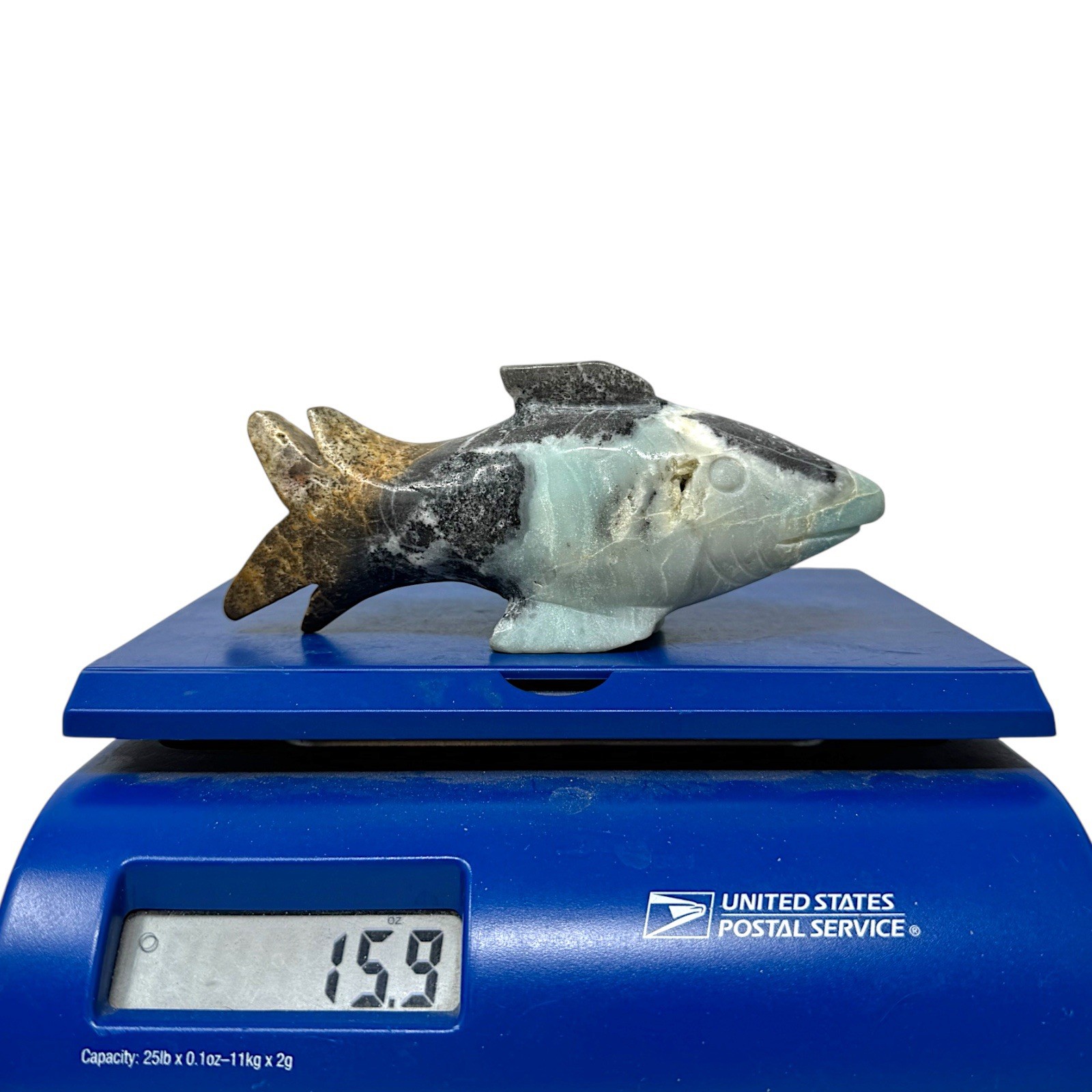 Caribbean Calcite Stone Shark Sculpture Carved Crystal Art Decor 450grams