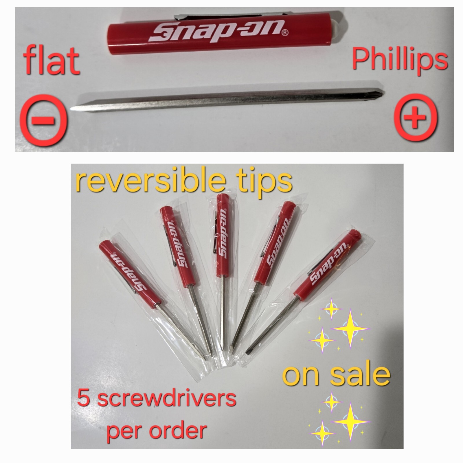 5X Snap on tools pocket screwdriver with flat and Phillips Reversible tip NEW!!!