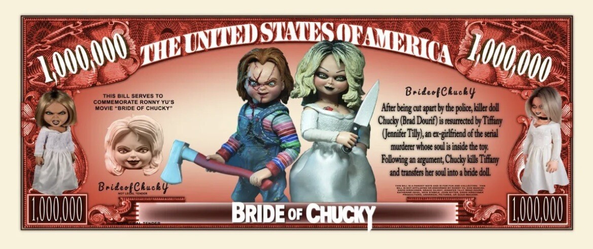 Pack of 10 Bride of Chucky Horror Doll Novelty Money 1 Million Dollar Bills