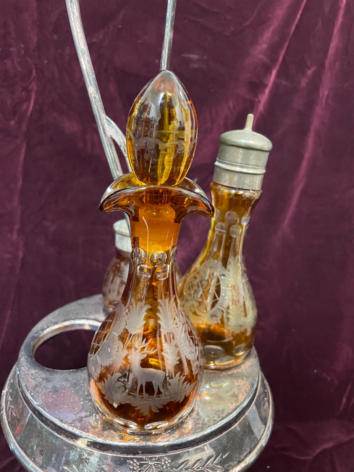 Antique 1800's Wilcox Silver Plate Cruet Condiment Set 3 Etched Amber Bottles