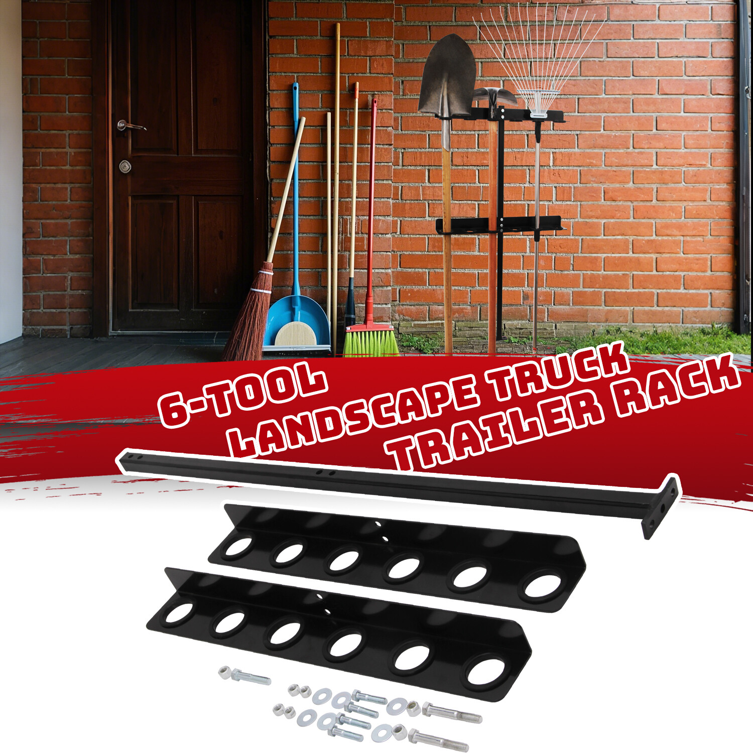 6-Hole Trailer Tool Rack – Shovel, Rake & Pickaxe Holder with Rubber Grommets
