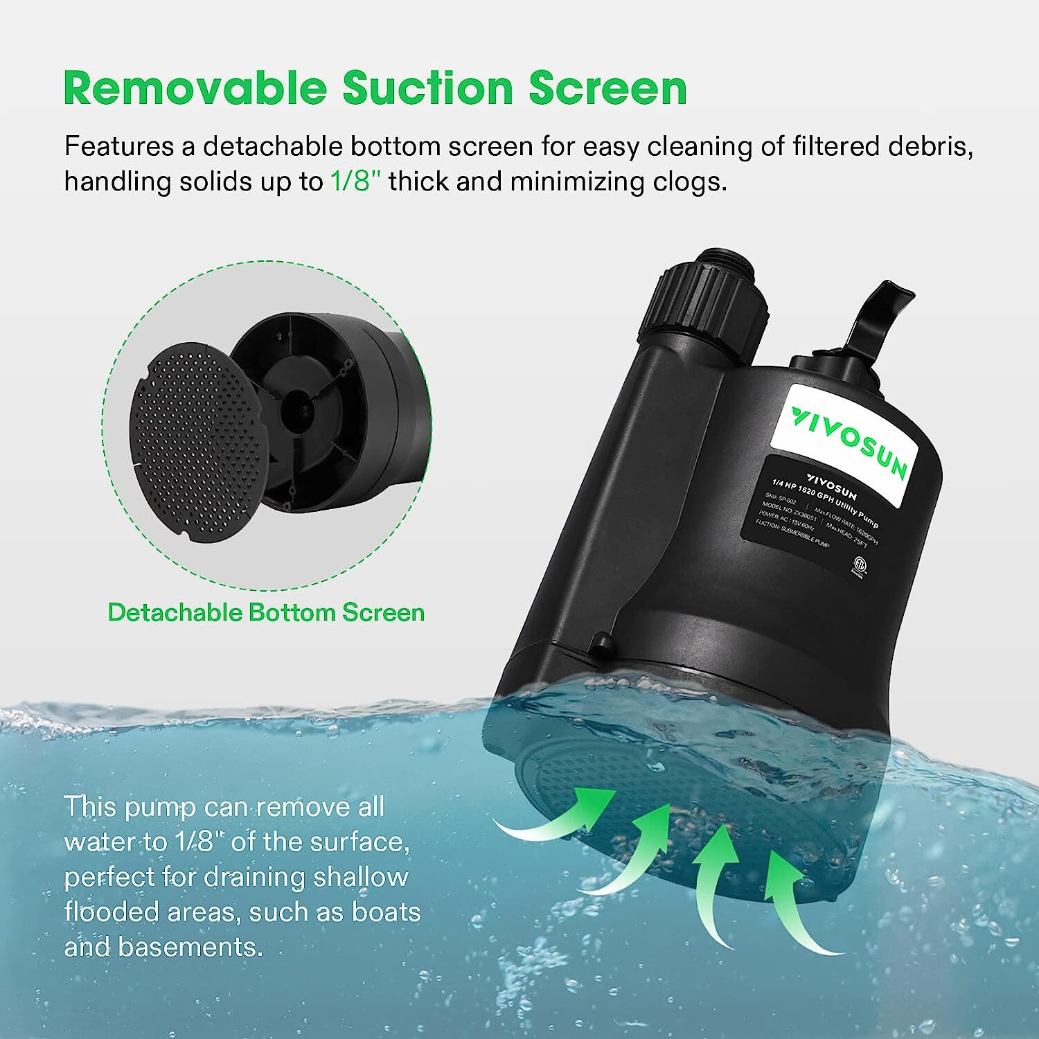 VIVOSUN 1/3HP 1/4HP 1/5HP Submersible Water Pump Utility Pump Sump w/ 10ft Cable