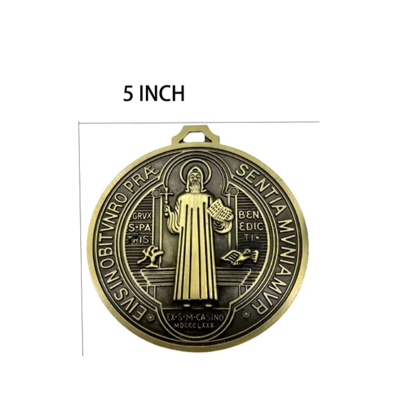 Catholic St Benedict Large 5” Medal 5oz Golden Color Medalla de San Benito