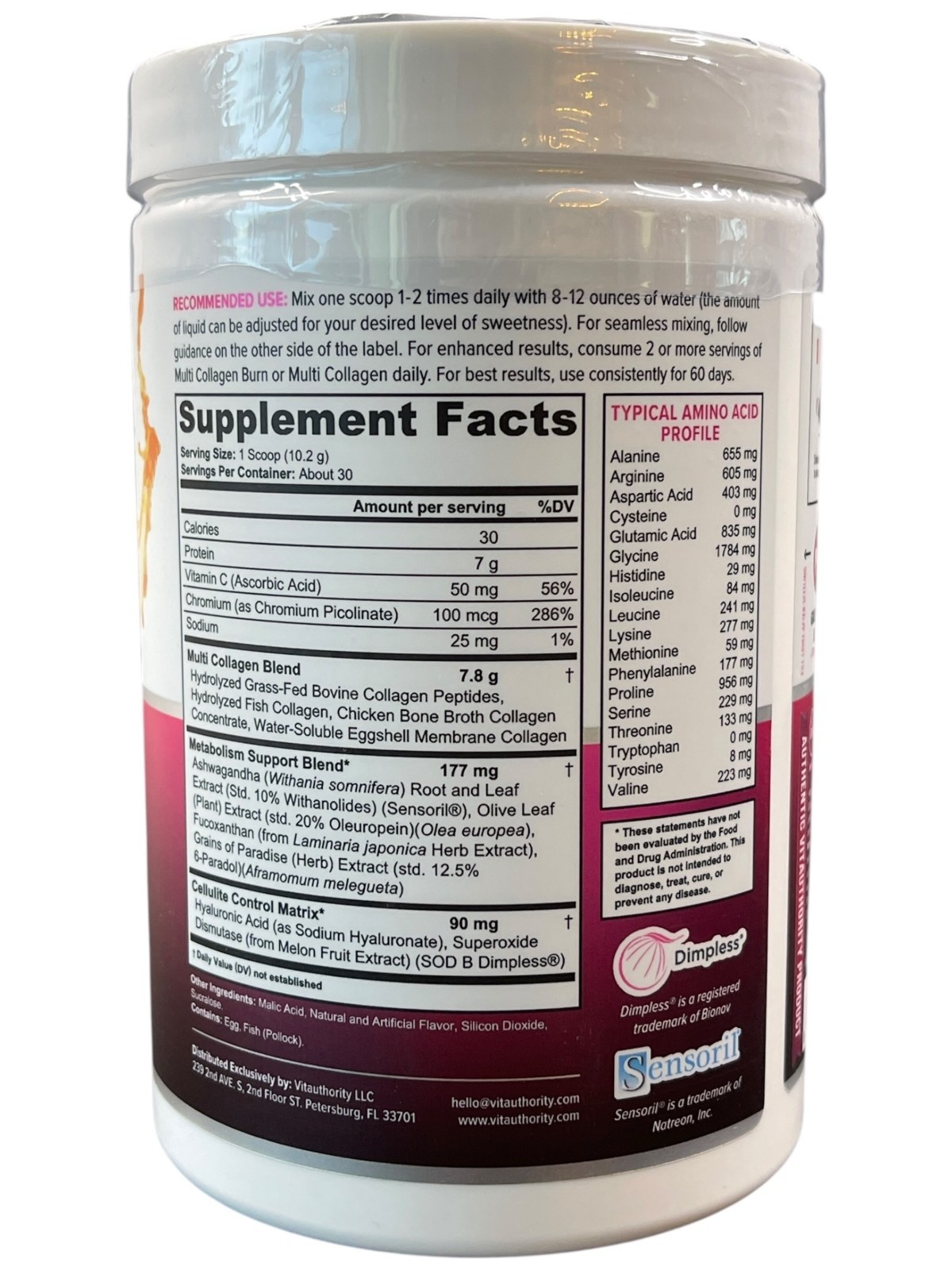 Vitauthority Multi Collagen Burn Cellulite Metabolism Peptides Tropical Punch 30