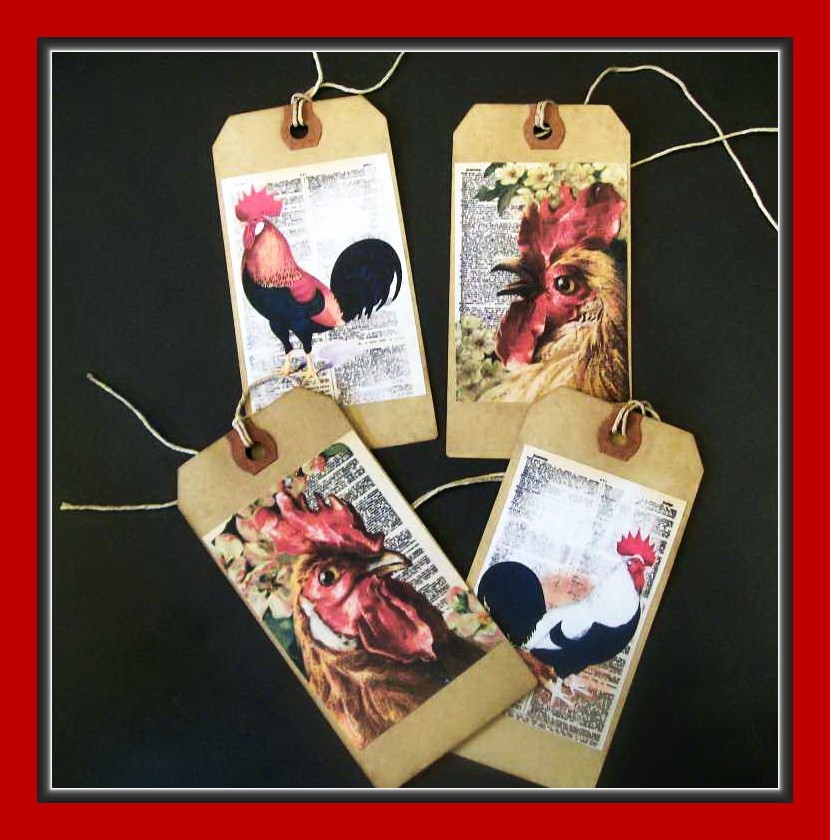 BARNYARD CHICKENS AND ROOSTERS - PRIMITIVE STYLE HANG TAGS - EIGHT - SET #2