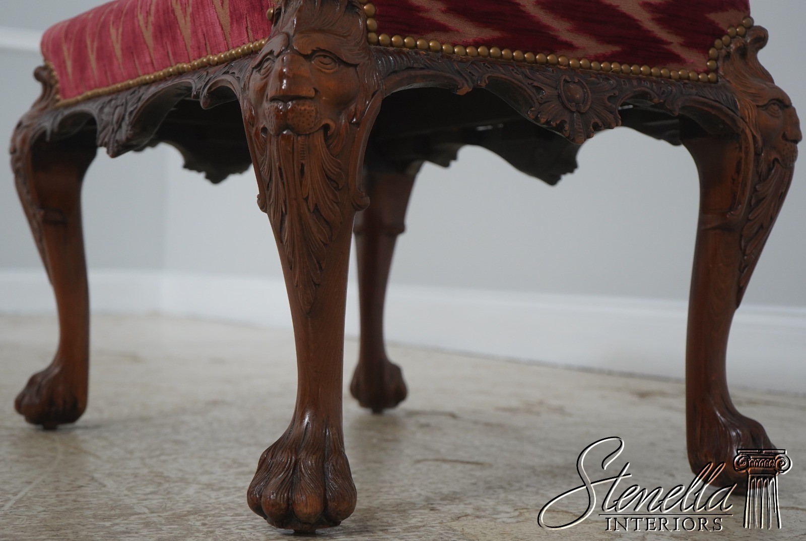 71067: Antique English Carved Paw Foot Chippendale Mahogany Ottoman