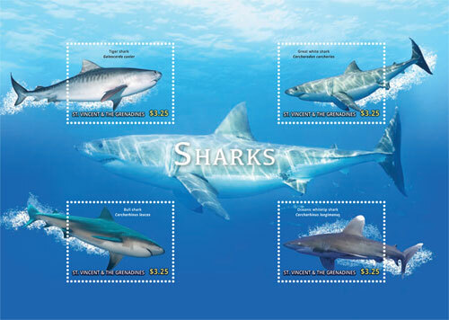 St. Vincent 2015 - Sharks, Great White, Marine Life - Sheet of 4 Stamps - MNH