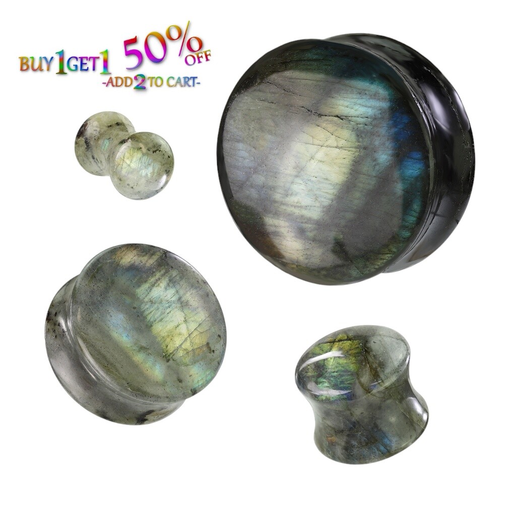 Pair 8g-25mm LABRADORITE STONE PLUGS Double Flare Gauges Tunnels Ear 1573