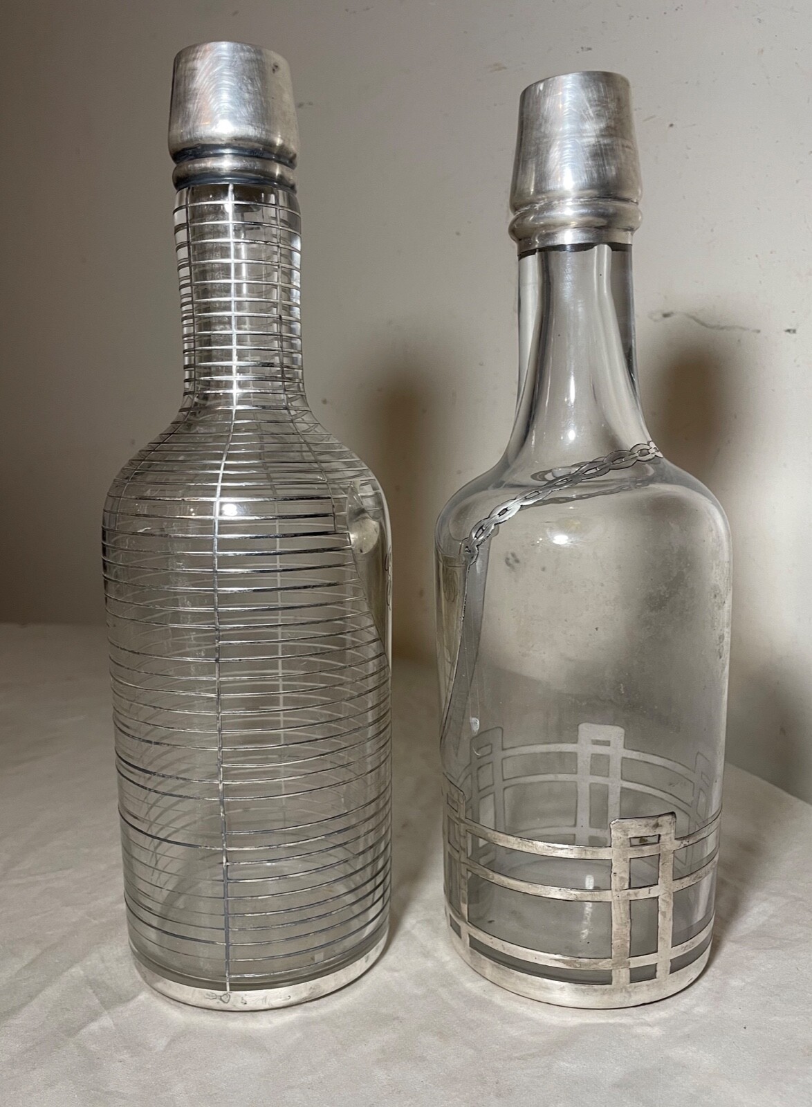 pair antique ornate sterling silver overlay glass liquor claret decanter bottle