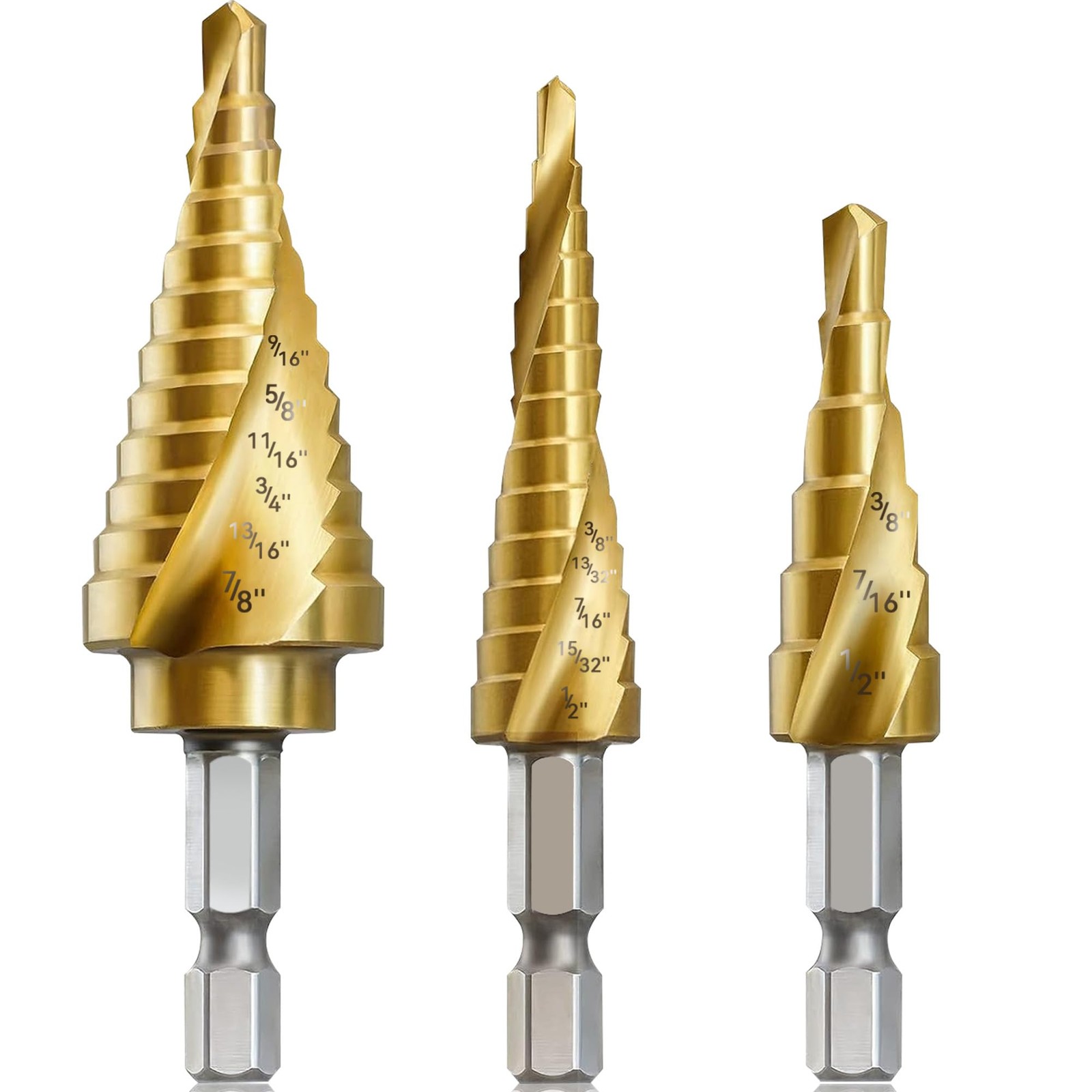 3PC Step Drill Bit Set 1/4in Hex HSS 31-Step Spiral for Metal Wood Aluminum DIY