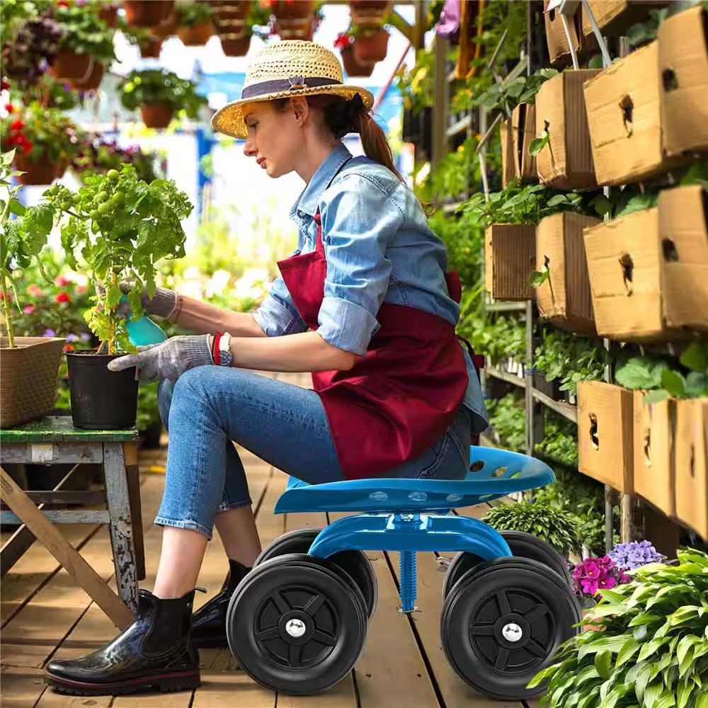 0 Cu. Ft. Metal Rolling Garden Cart Heavy Duty Workseat with 360° Swivel Seat an