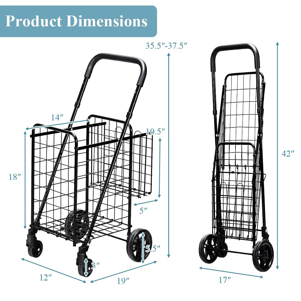 Foldable Heavy Duty Grocery Cart Adjustable Handle Extra Basket 360 Wheels