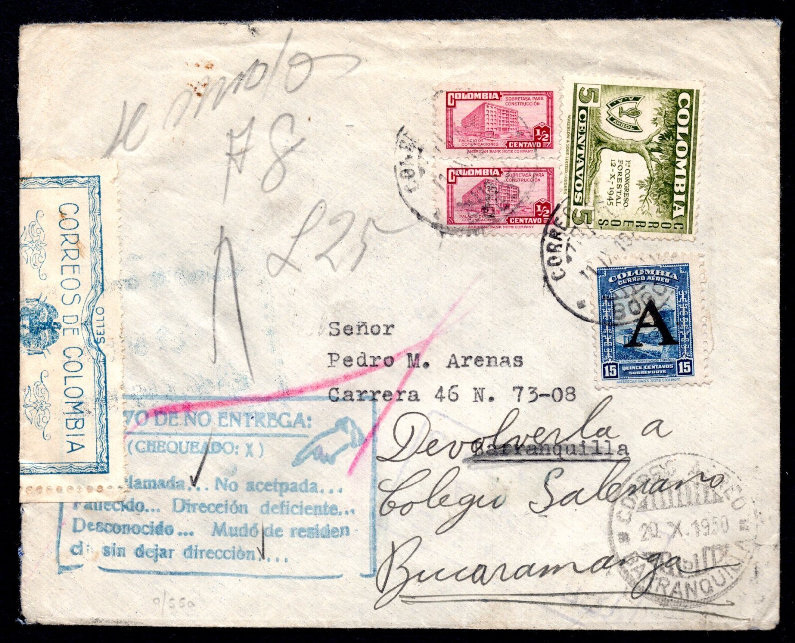 COLOMBIA 1952 REROUTED BARANGUILA TO BUCARAMANGA COVER RARE OPEN & SEALED LABEL