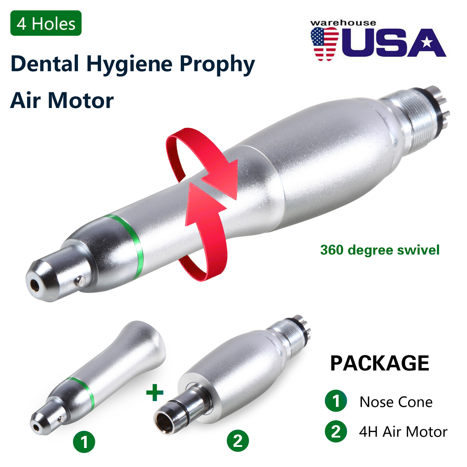 360° Swivel Dental Hygiene Prophy Handpiece Air Motor 4 Holes 4:1 Nose cone