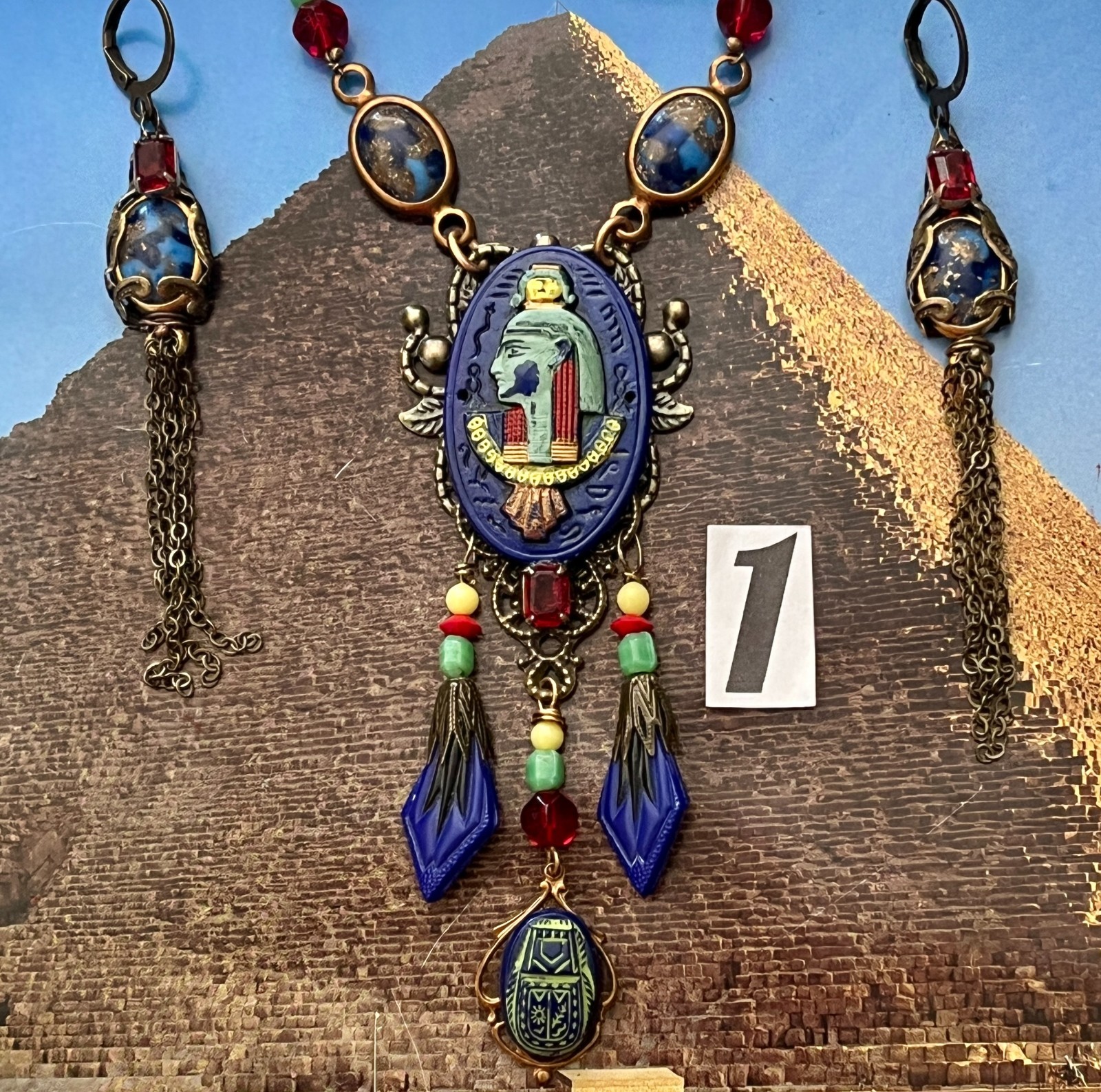 Deco Egyptian Revival Necklace Set, Neiger Style Pharaoh, Royal Blue, Red, Green