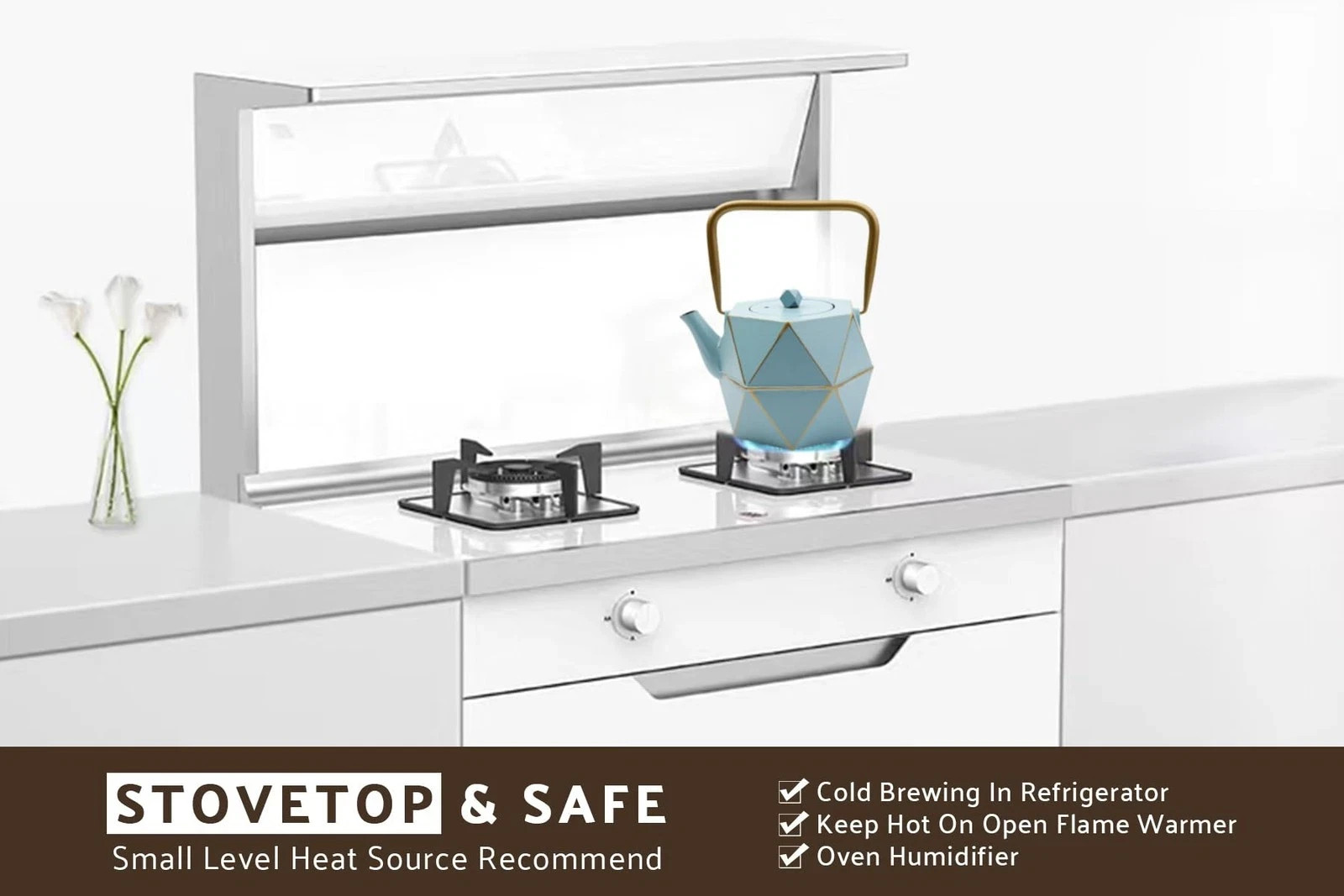 Japanese Tetsubin Cast Iron Blue Diamond Geometric Tea Kettle Stovetop w Infuser