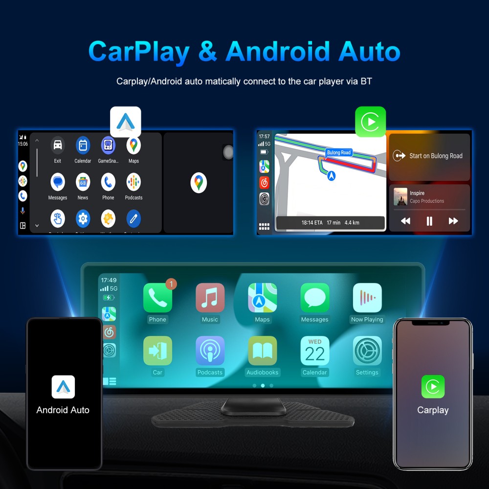 10.26" Touch Screen Wireless Apple Carplay Portable Car Stereo Android Auto Cam