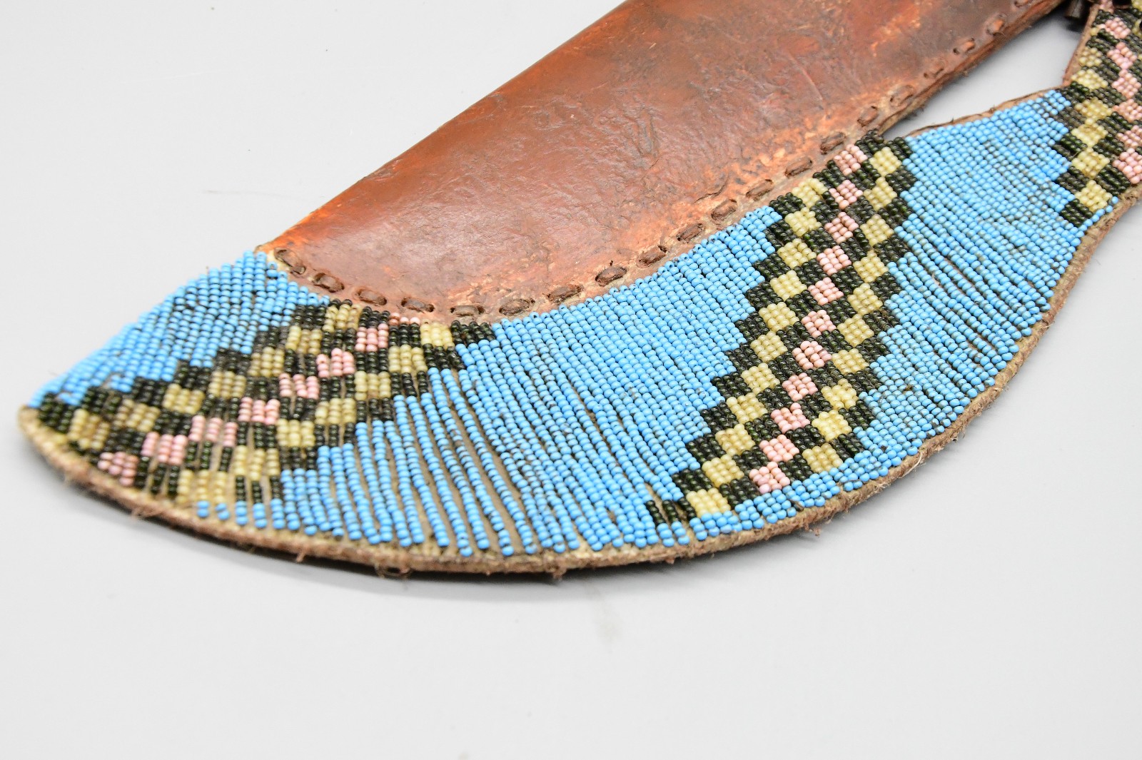 14" 1880s Blackfoot Knife Sheath Blue Beaded and Rawhide With Cones