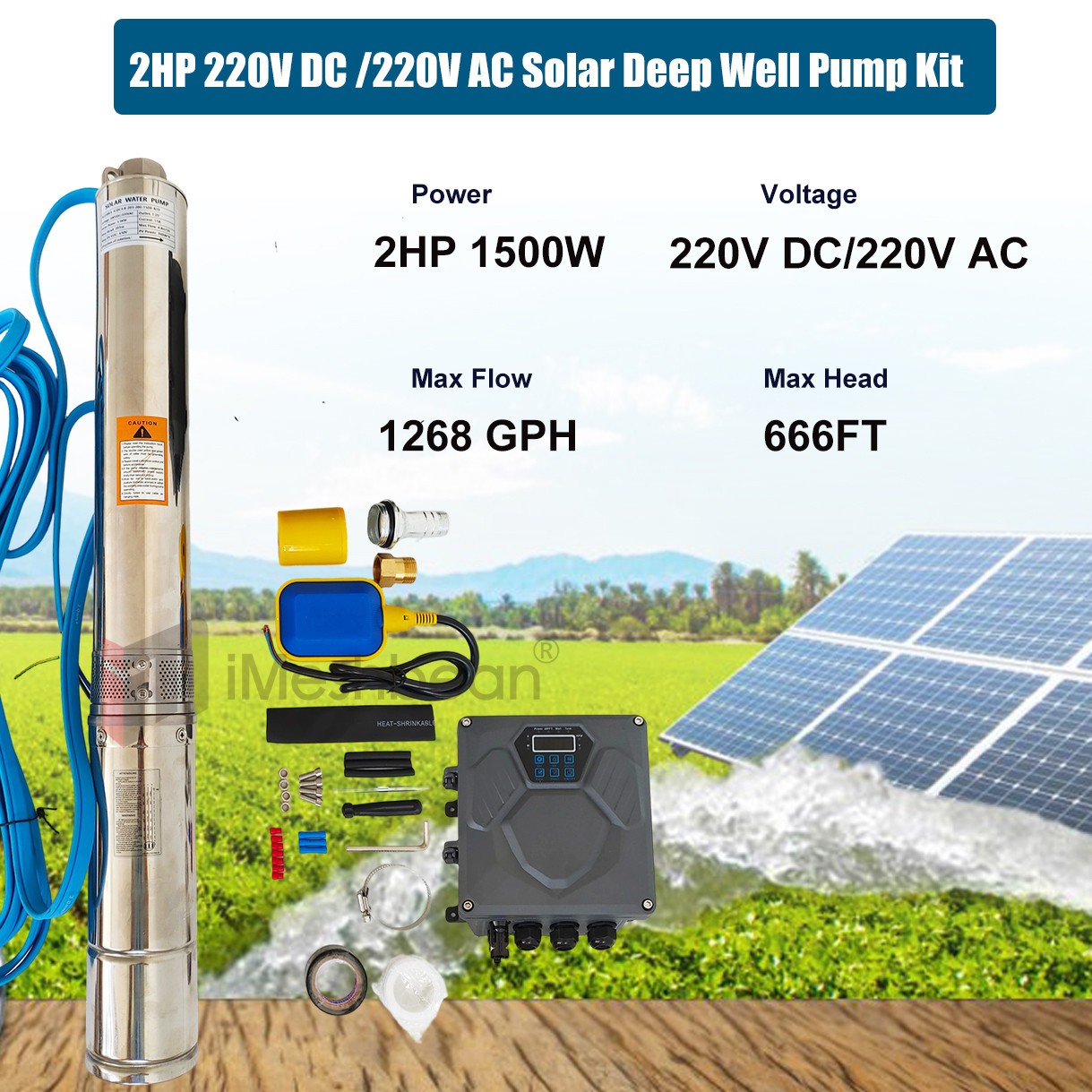 4" AC/DC 220V Solar Powered Bore Well Water Pump 2HP Submersible Hybrid Deep