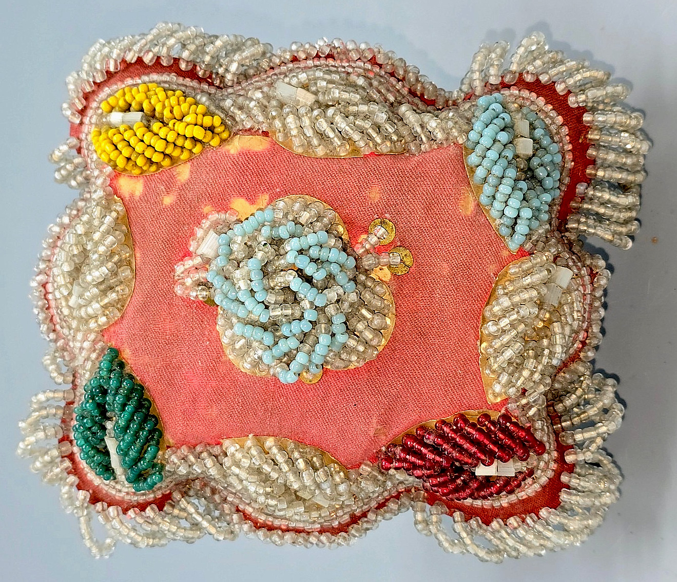 Antique Iroquois Nation 6x5" BEADED BIRD w/LEAVES PIN CUSHION/WALL ART, complete