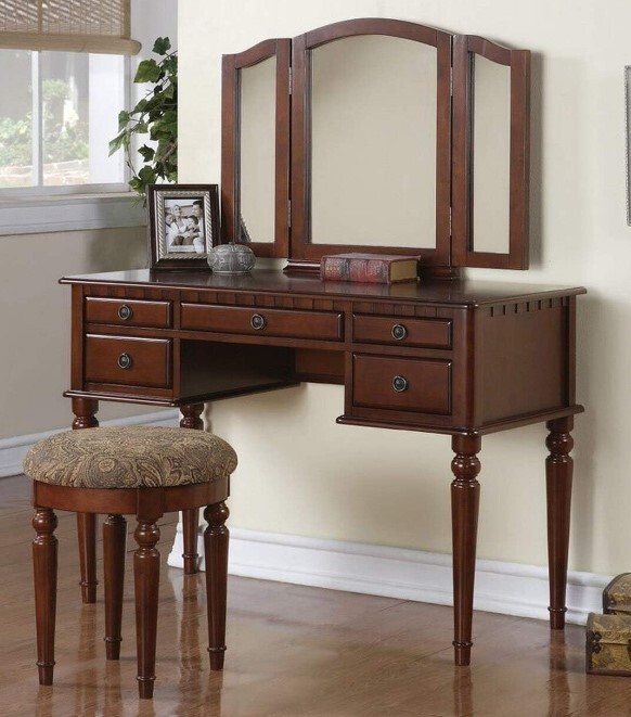 Ladies Vanity Table Set Brown Wood Girls Make Up Storage Desk Mirror & Stool