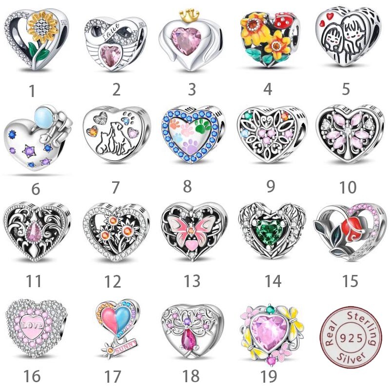 KUNSIR 925 Sterling Silver Heart Bead Charm For Bracelet Flower Butterfly Charm
