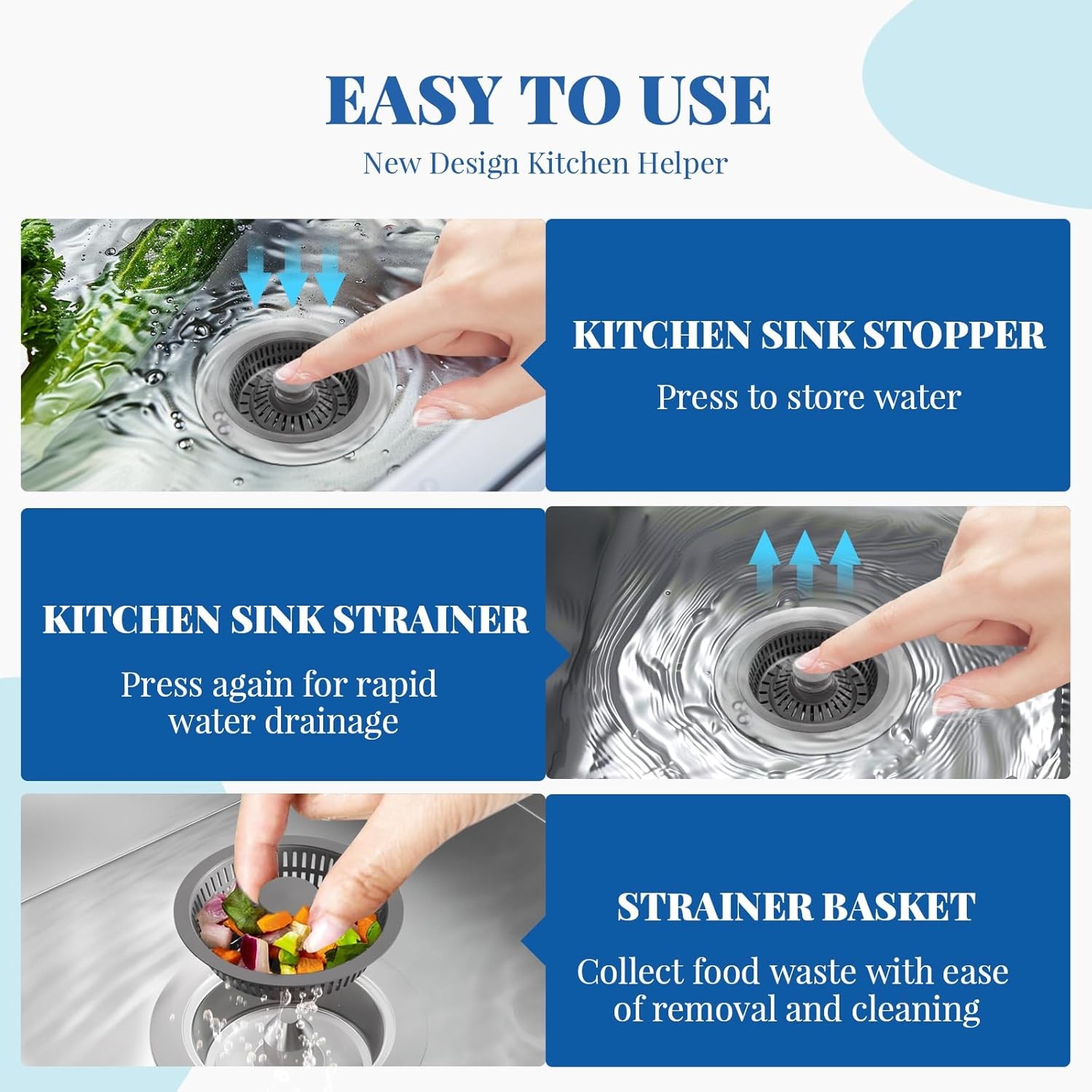3in1 Kitchen Sink Drain Strainer & Sink Stopper,304 Stainless Sink Drain Stopper