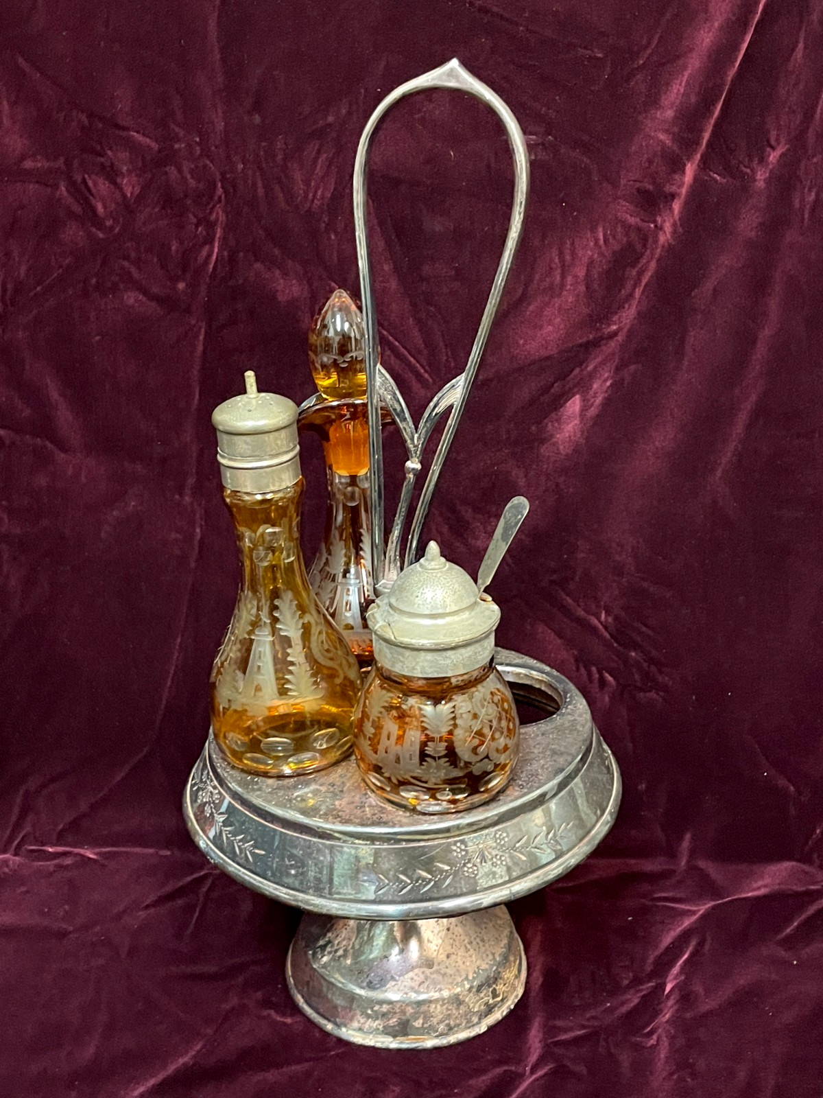 Antique 1800's Wilcox Silver Plate Cruet Condiment Set 3 Etched Amber Bottles