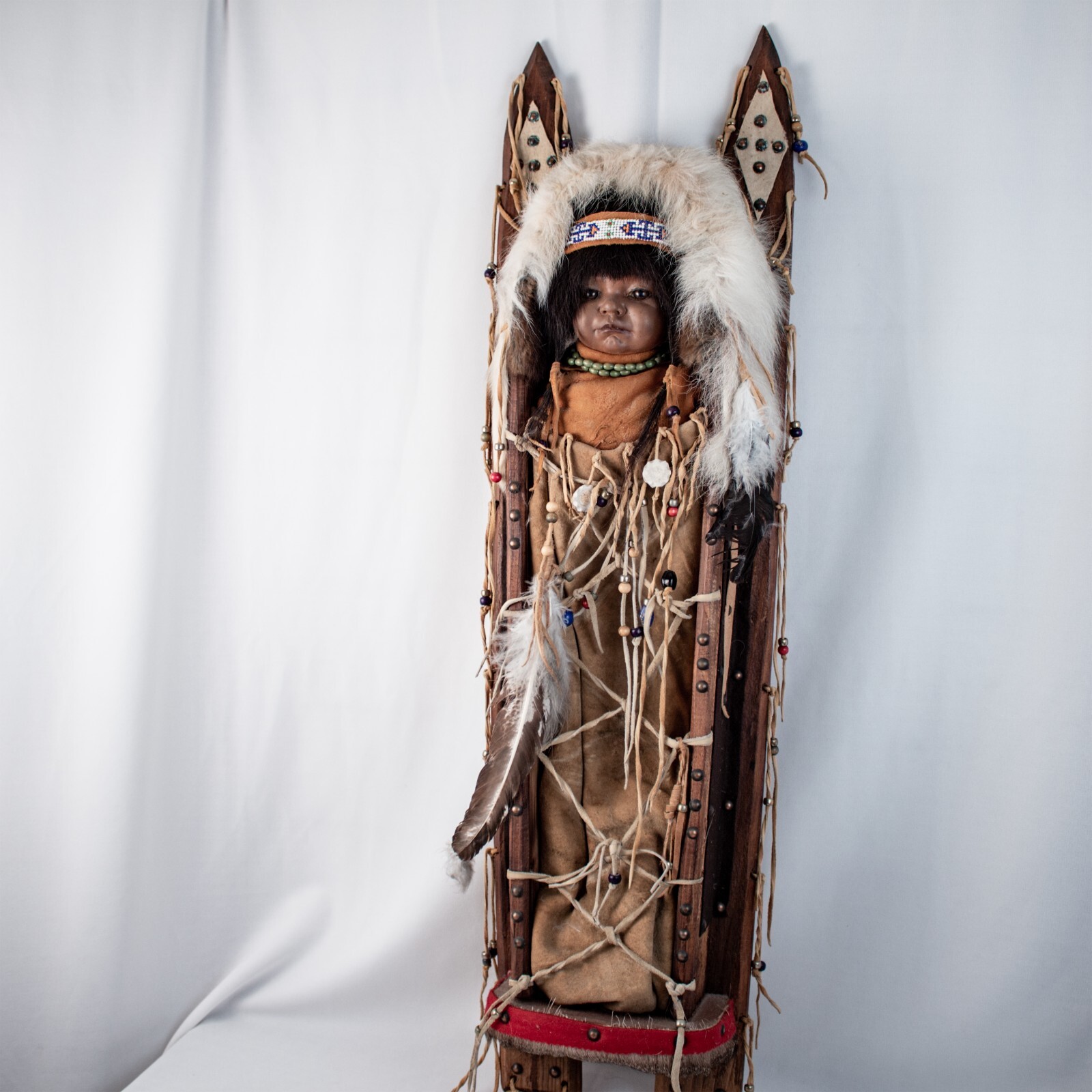 Vintage 1960's ALASKA Handcraft Eskimo Papoose Doll Cradle Large 39"L x 9.5"W