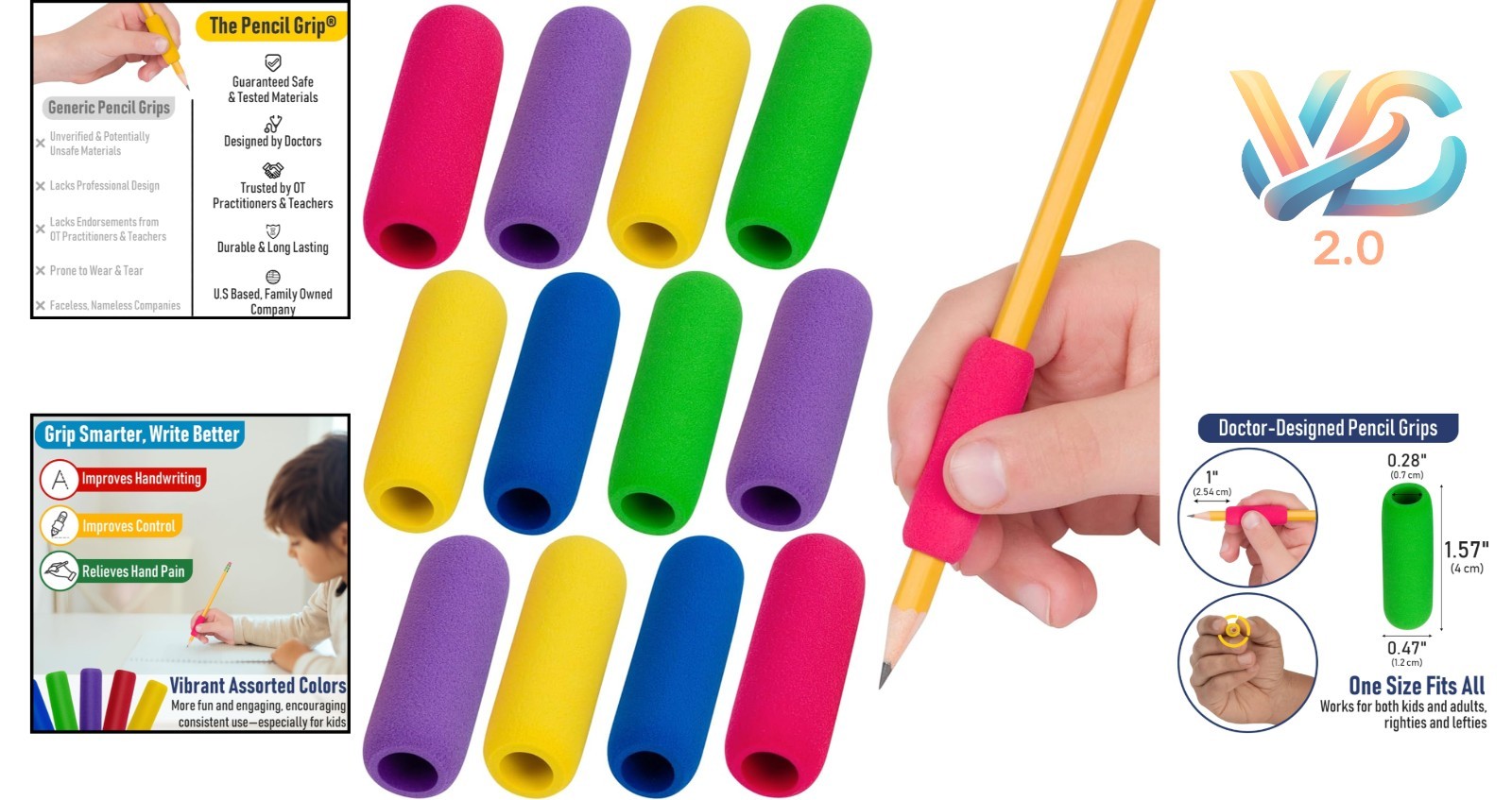 Ergonomic Pencil Grips 12 Pack Assorted Colors for Left & Right-Handed Use