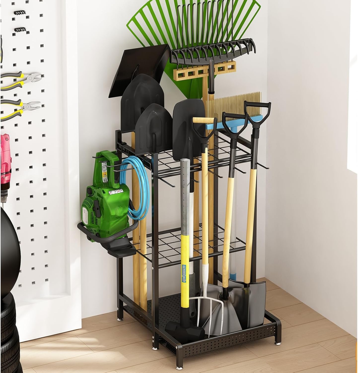 Garden Tool Organizer Garage Utility Storage Racks W/Hooks Metal Yard Tool Stand