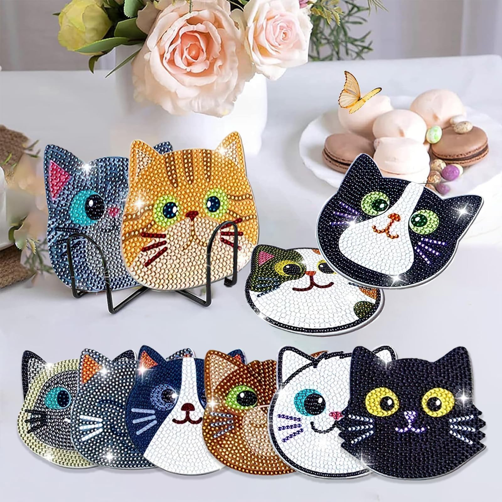 10pcs Diamond Art Coasters Kits Cat Diamond Painting Coasters Kits with Holder..