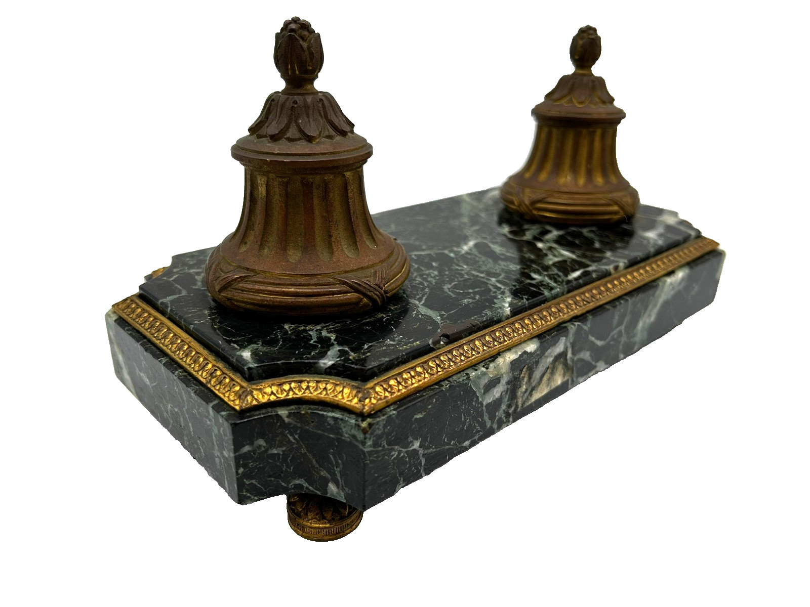 Antique Green Empire Marble and Bronze Inkwell